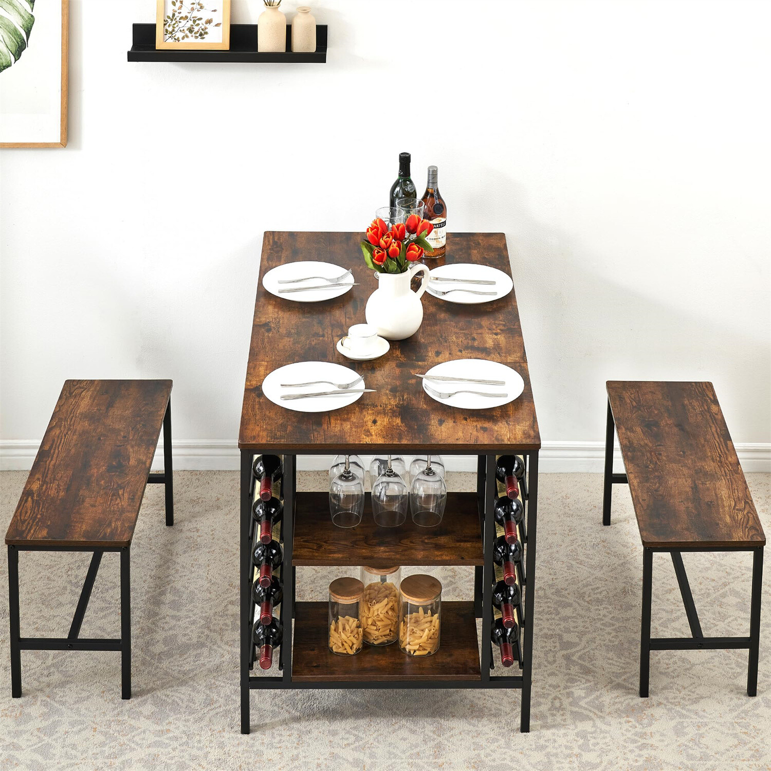 Dining Table Set with Wine Rack for 4 Kitchen Table Set for 4 with 2 Benches