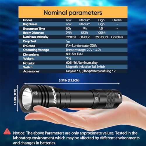 3000LM Scuba Diving Flashlight with Rechargeable Dive Light Underwater 1 Pack