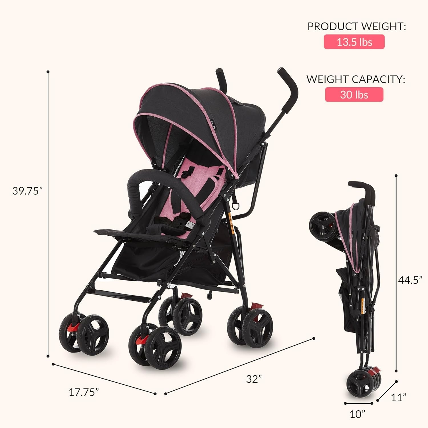 Multi-Position Reclining Umbrella Stroller with 10-Inch Back Wheels and Canopy