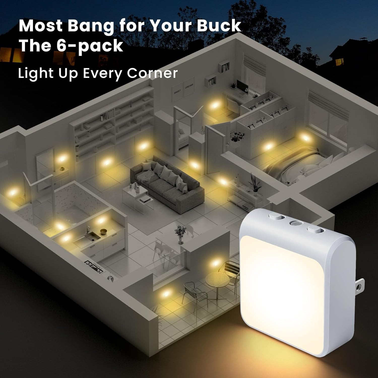 6-Pack Dimmable LED Night Lights Plug into Wall with Dusk to Dawn Sensor, 2 Colo