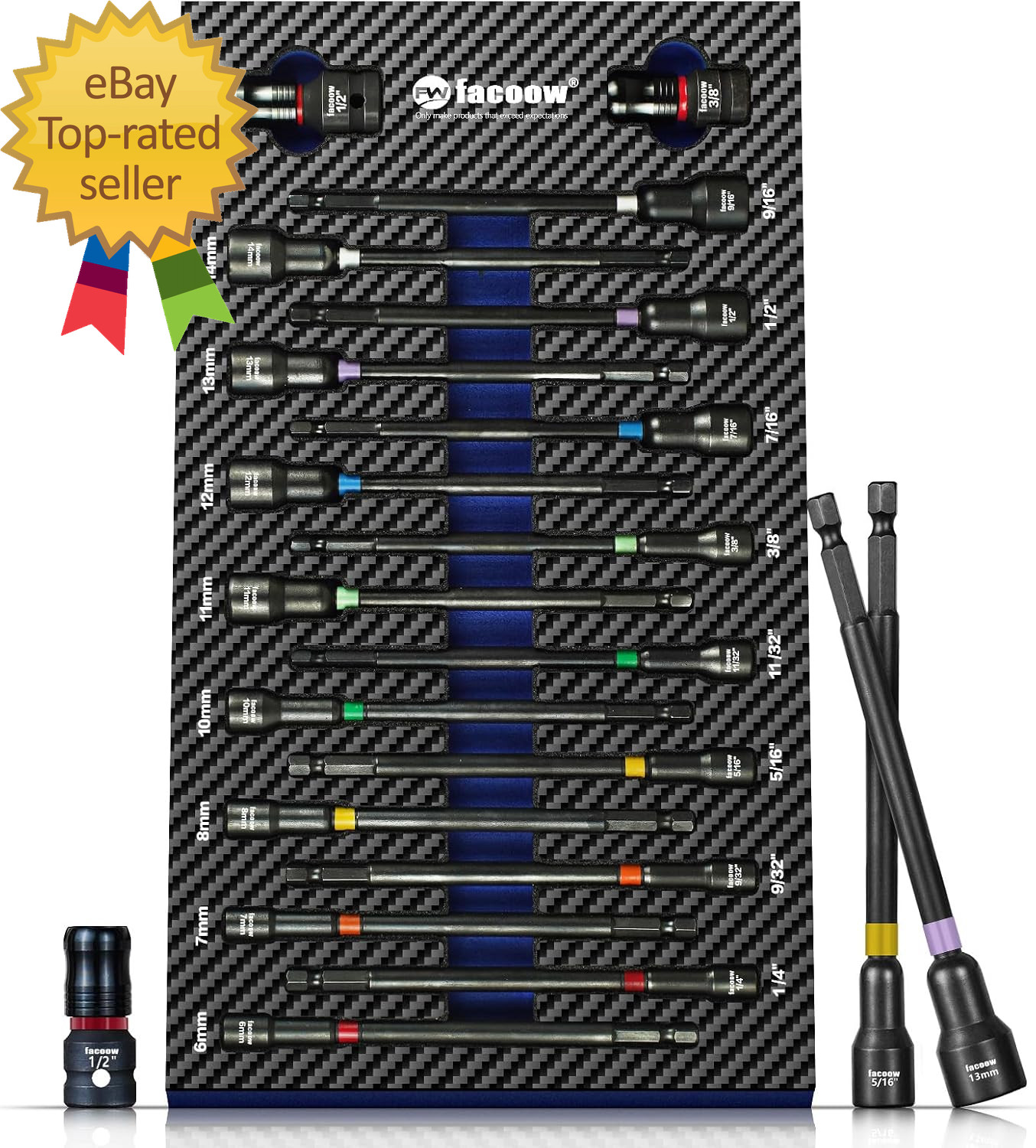 6“ Impact Nut Drivers Set Magnetic 18Pcs Color Coded SAE & Metric Impact