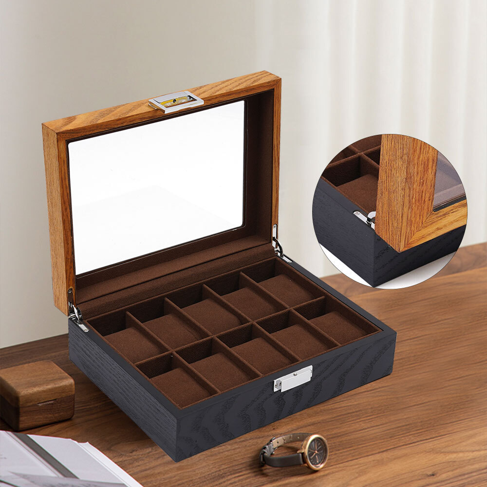 Mens 10 Grids Wooden Watch Display Case Collection Storage Holder Cases W/Lock