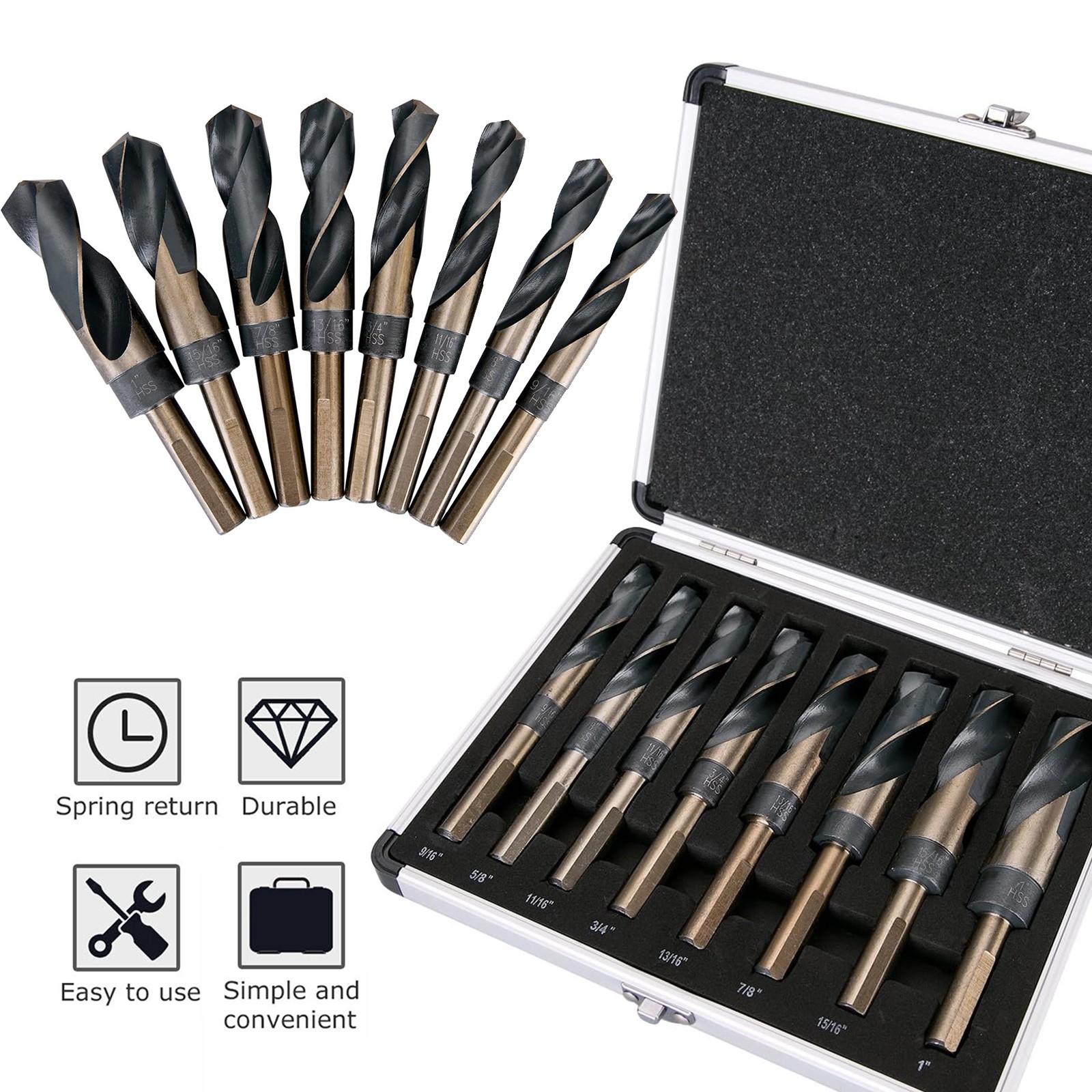 8 Pc HSS Cobalt Silver & Deming Drill Bit Set 1/2'' Reduced Shank