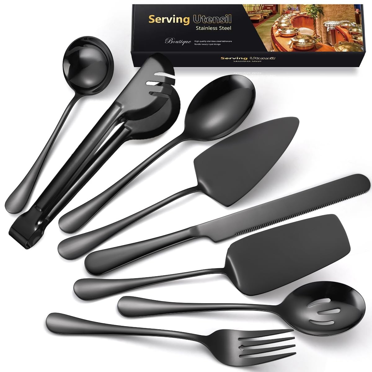 AARAINBOW Exquisite 8 Pieces Serving Utensils Set, Stainless 8 Pcs, Black