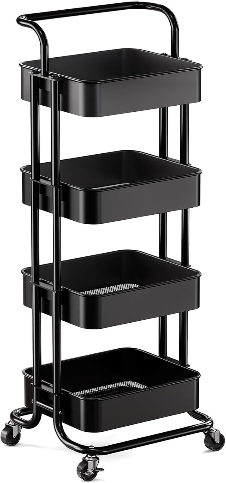 4 Tier Mesh Utility Cart, Rolling Metal Organization Cart with Handle and Lockab