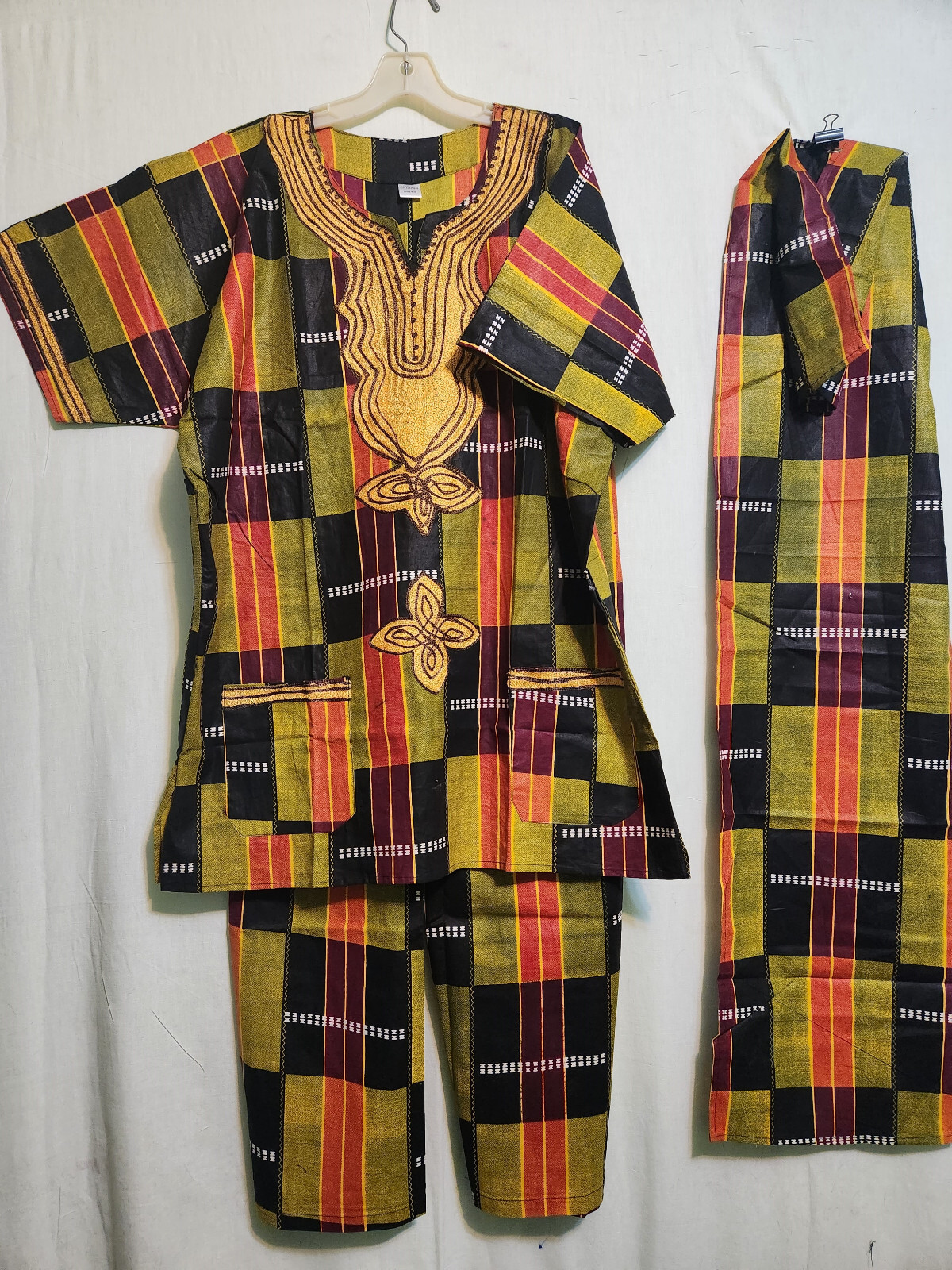 Men Women African Kente Print Dashiki Pant Suit Orange Maroon Green Free Size