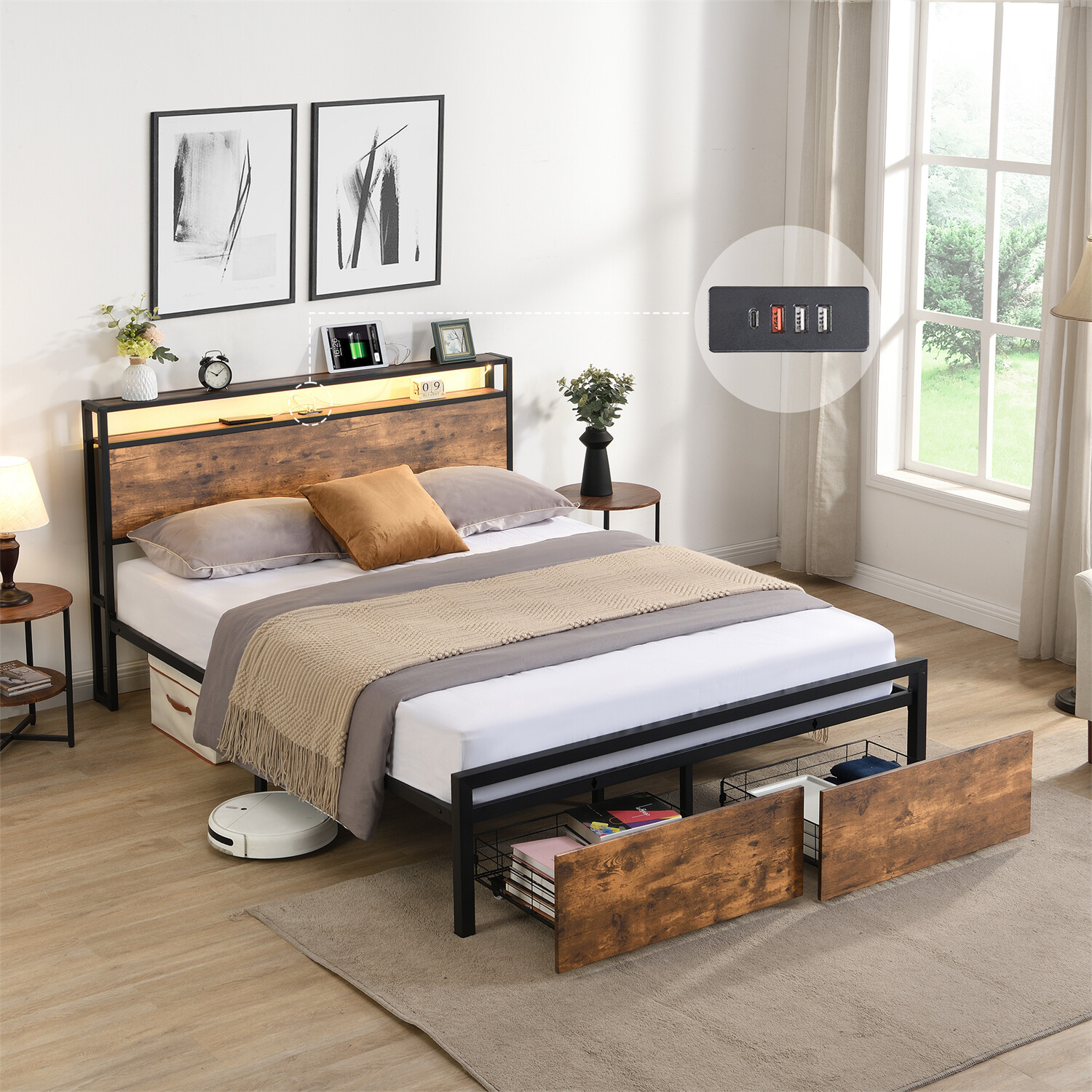 Full Size LED Bed Frame w/ Storage Headboard & 2 Drawers Metal Platform Bed