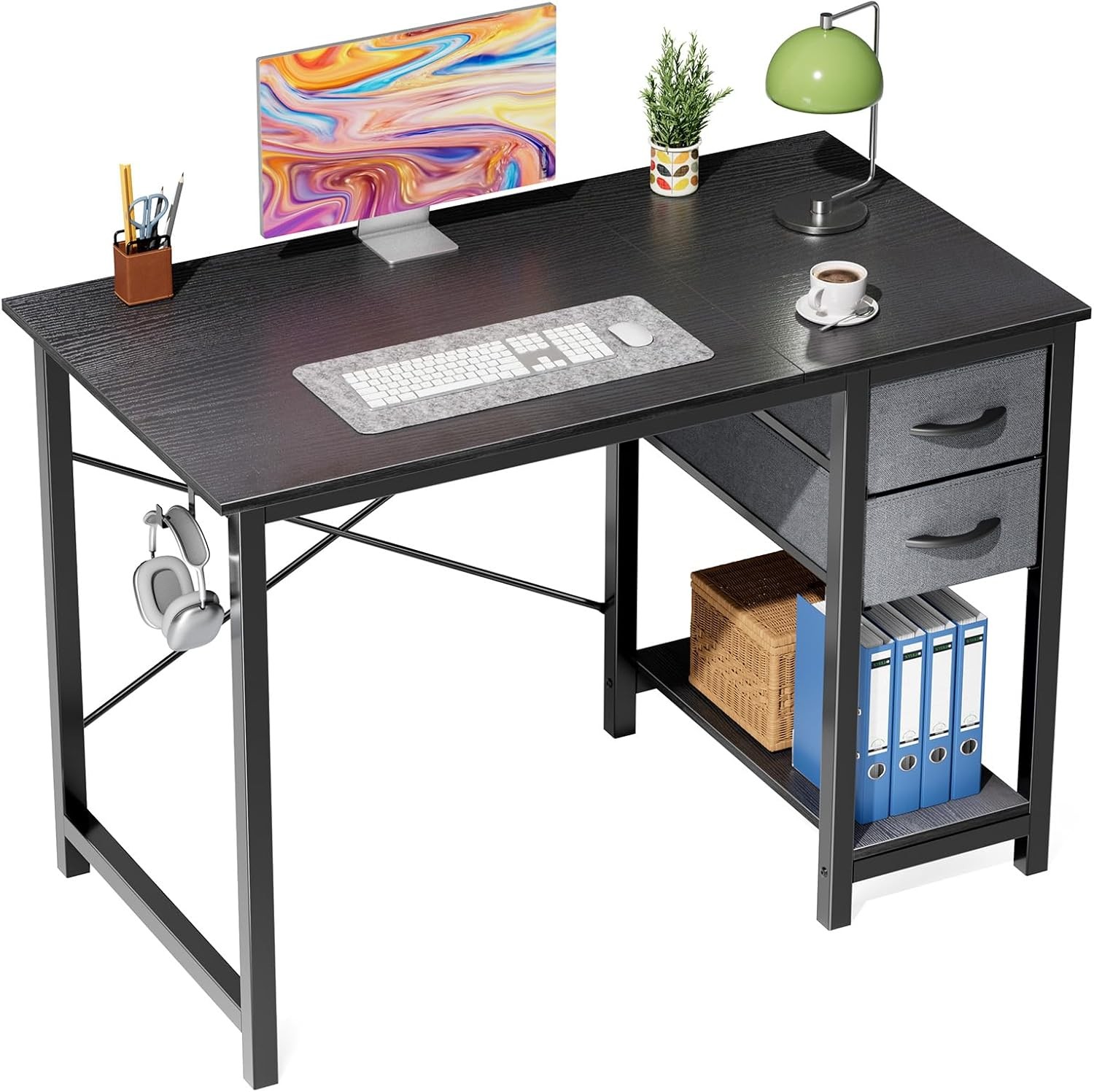 Home Office Computer Desk with 2 Storage Drawers, Hooks, PC Stand - 40"/47" Size