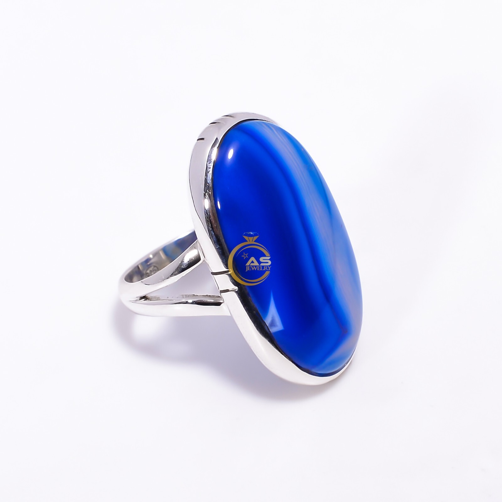 Blue Banded Agate Ring 925 Sterling Silver Statement Boho Rings Gift for Her