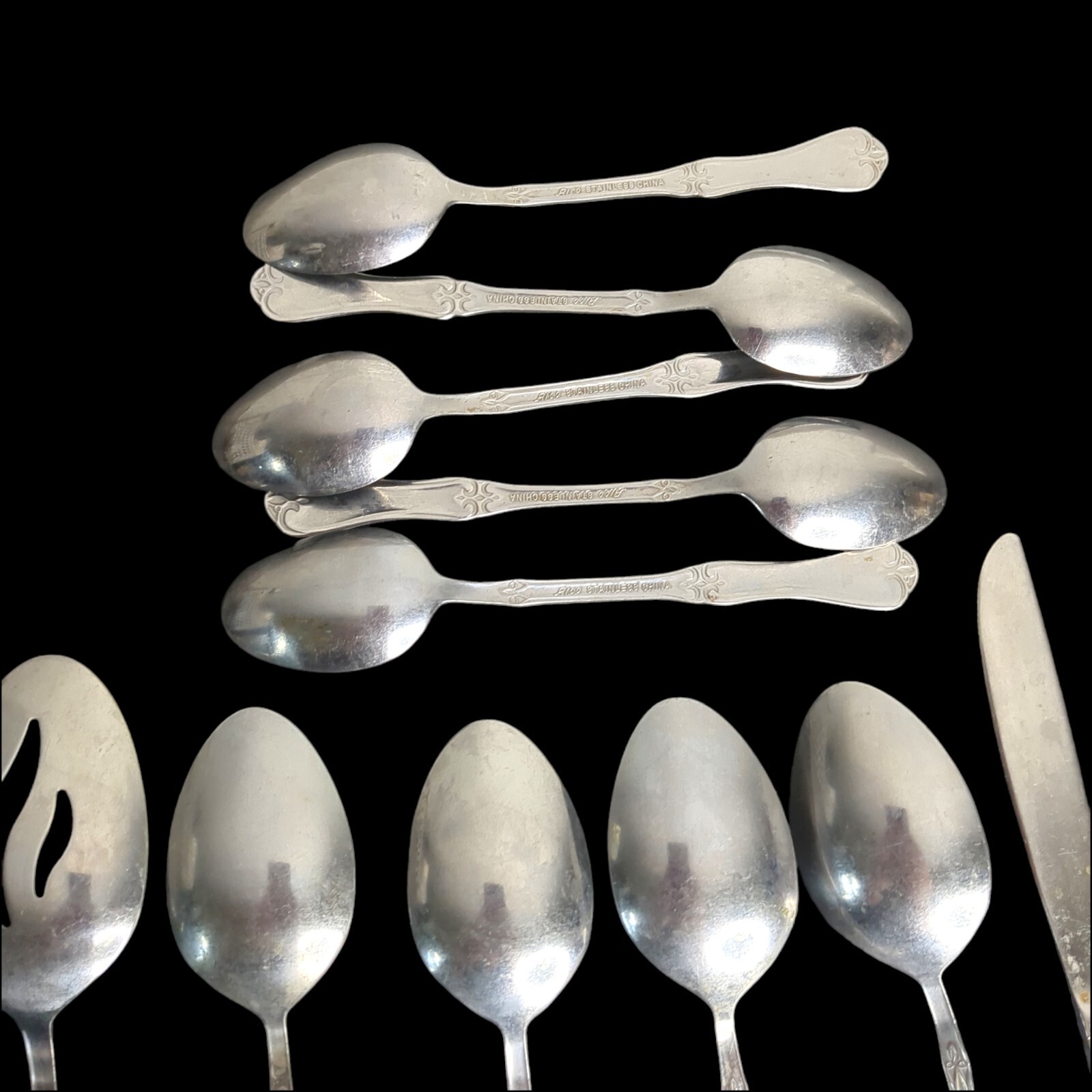 Lot 13 Alco UNKNOWN PATTERN Scrolls Scalloped Spoon Knife 6" Stainless Flatware