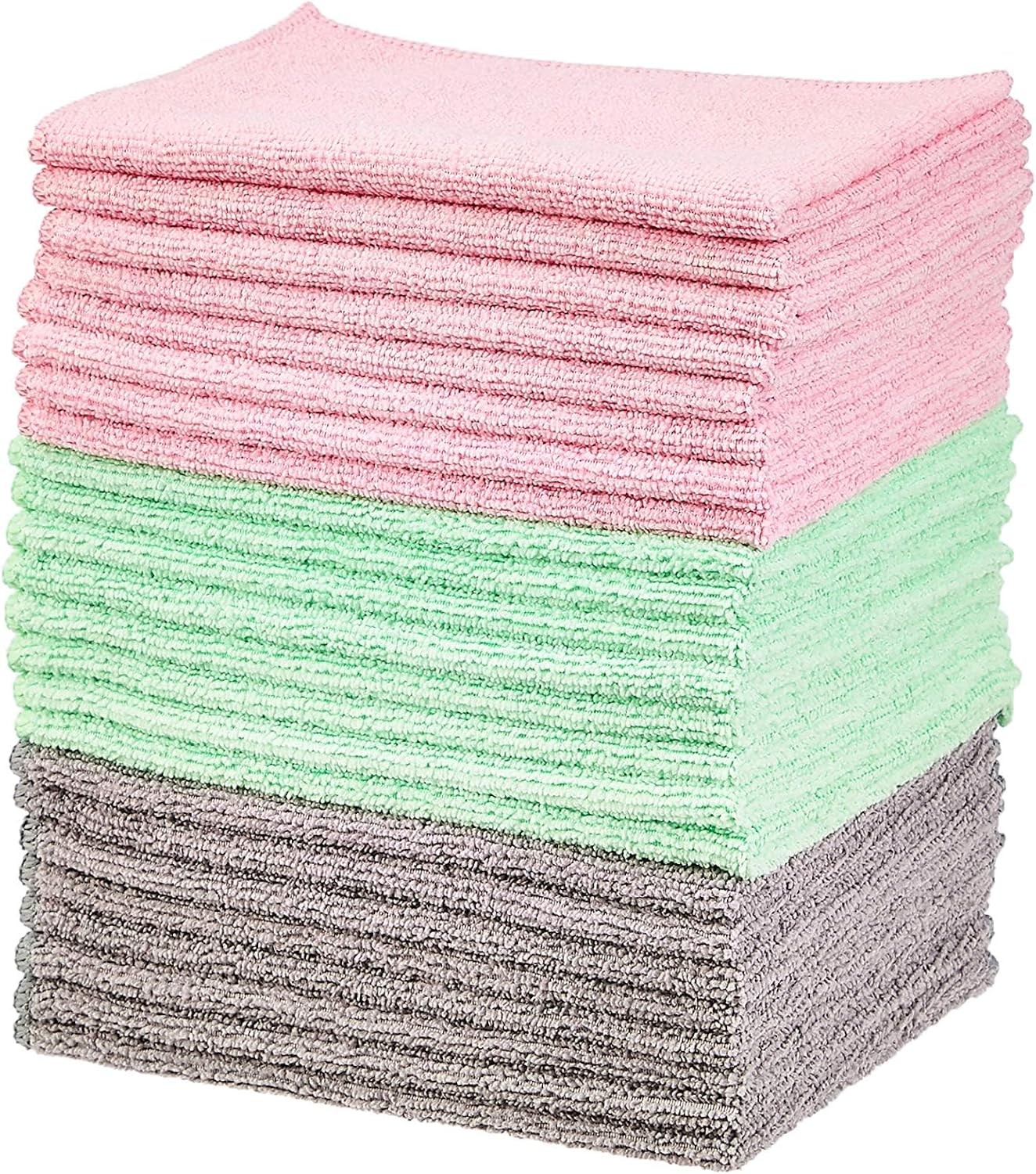 Microfiber Cleaning Cloths, Ultra-Soft 16" x 12", Green/Gray/Pink, 24-Pack