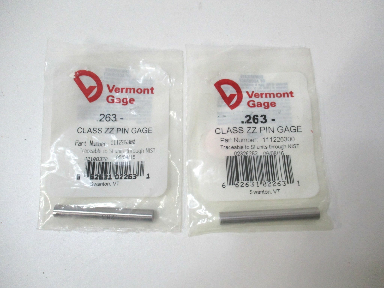 Vermont Gage (111226300) 0.263" Tolerance Class ZZ Steel No-Go Pin Gage - Qty 2