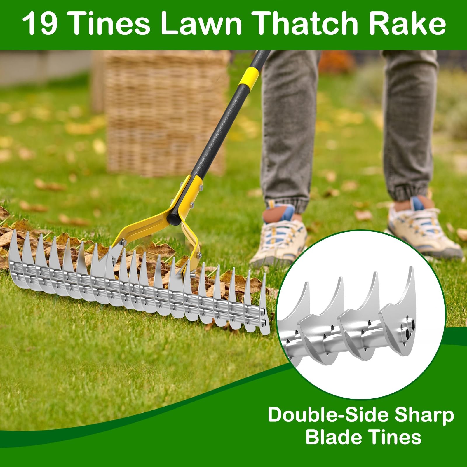 Thatching Rake for Lawns, 15" Heavy Duty Thatch Rake with 70" Handle