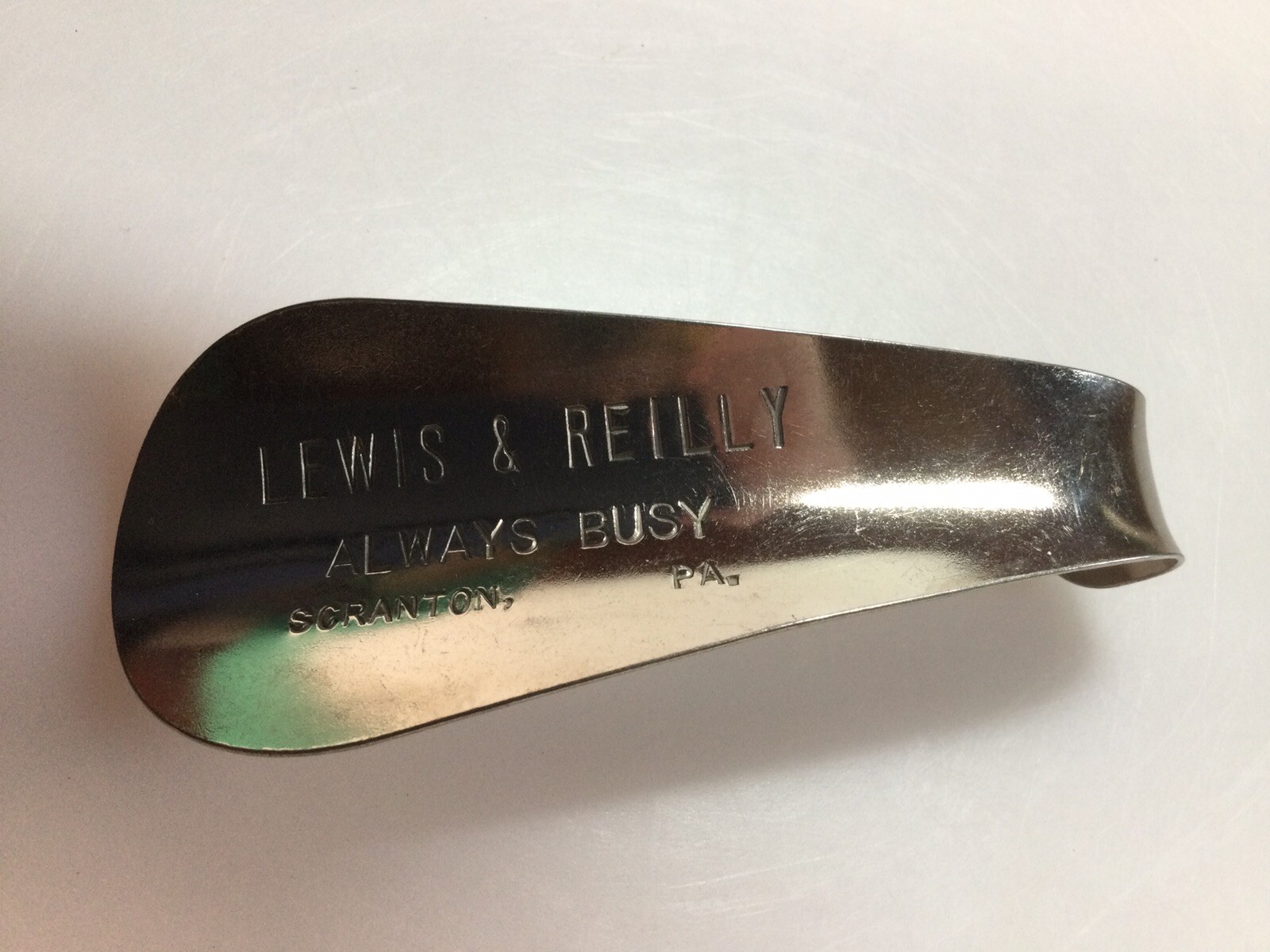 Vintage Lewis & Reilly “Always Busy” Scanton Pa Metal Advertising Shoe Horn