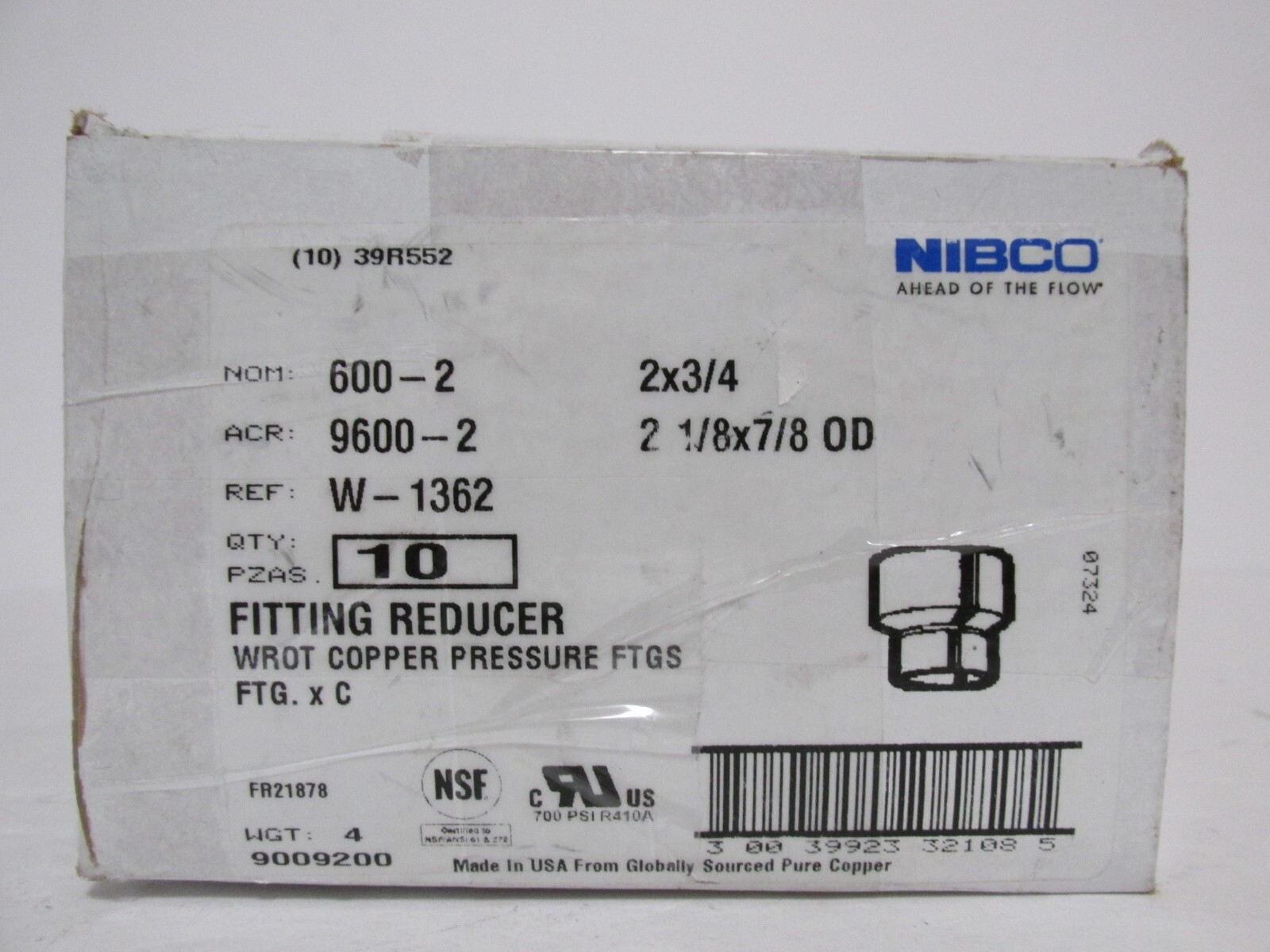 NIBCO Part #39R552 Fitting Reducer 2 x 3/4 WROT Copper Pressure Ftg Box of 10