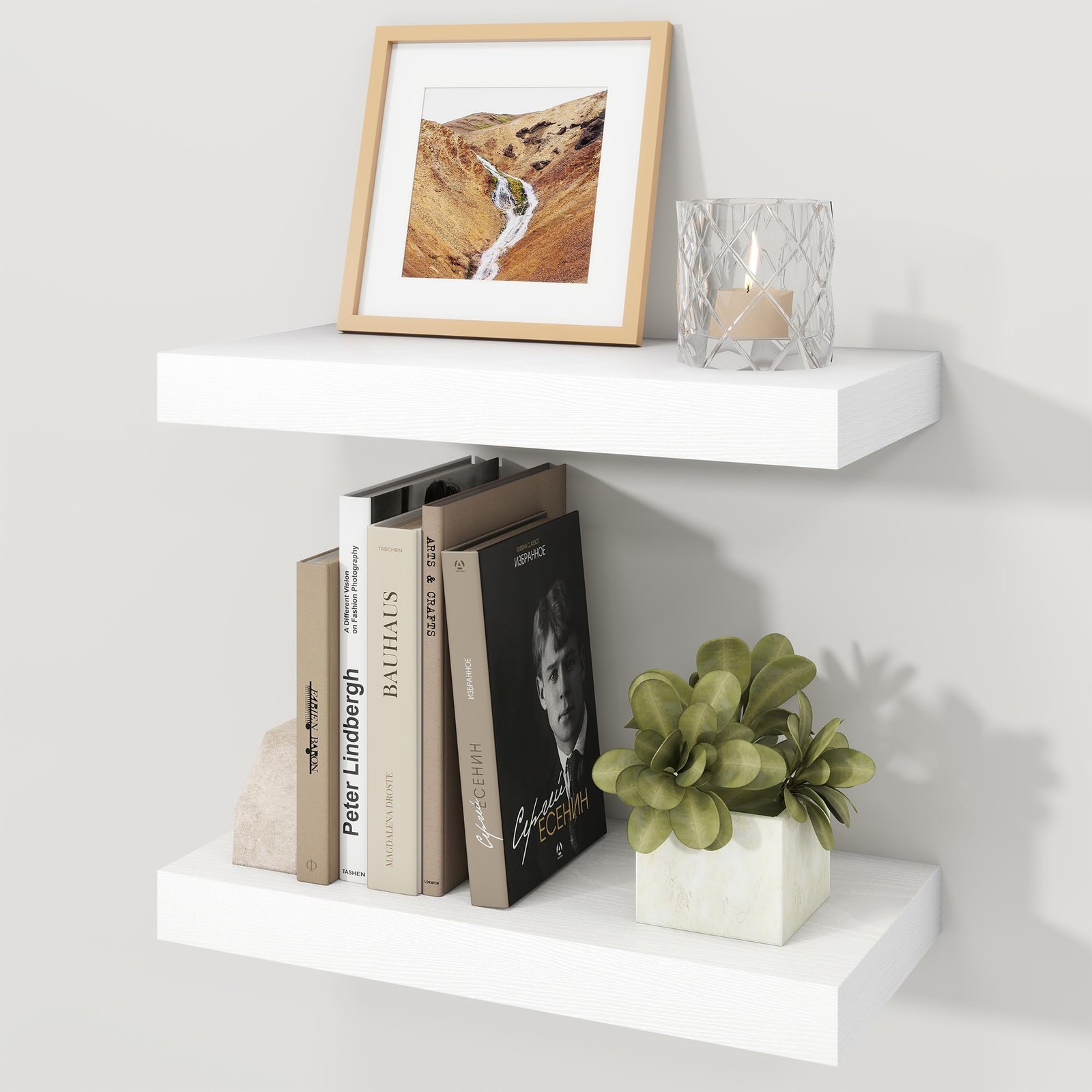16 Inch White Floating Wall Shelves 7.9 Deep Wood Hanging Storage Bathroom