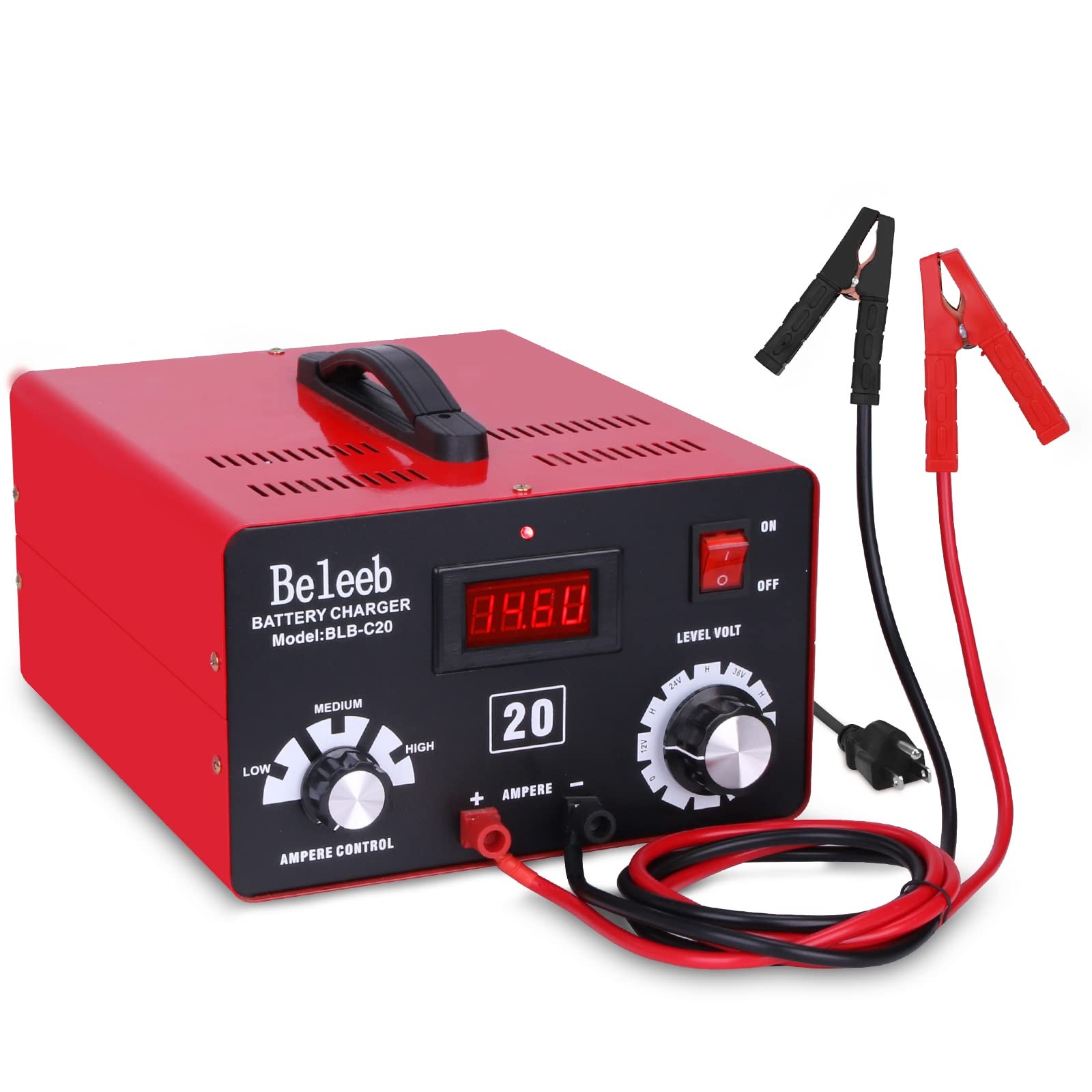 Beleeb C20 Adjustable Battery Charger 12V 24V 36V 48V, 12A Pulses Red, Black