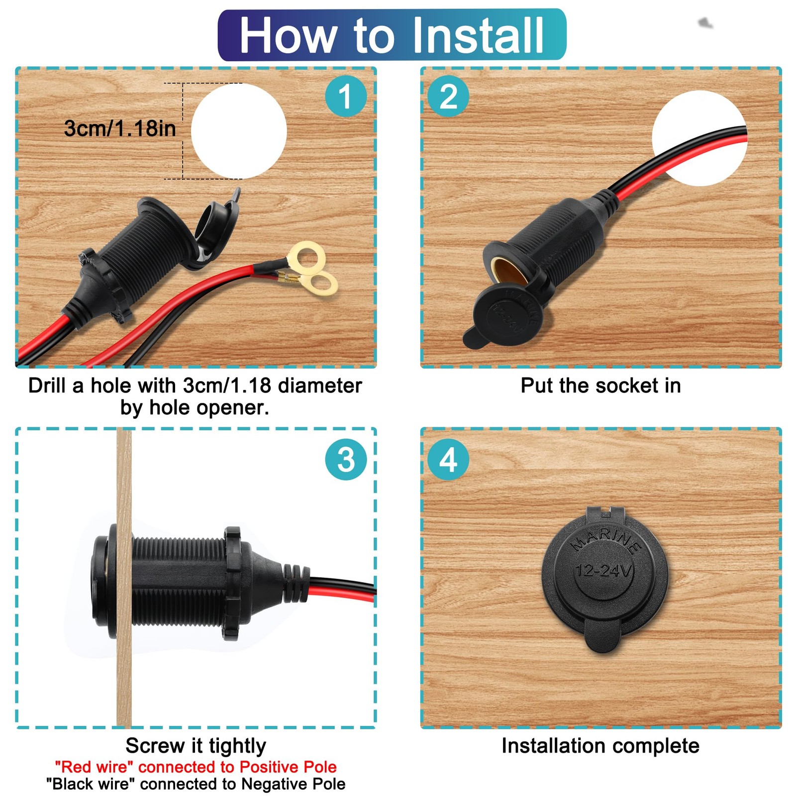 2V 24V Cigarette Lighter Socket to Ring Terminal Cable 14AWG 20A Waterproof