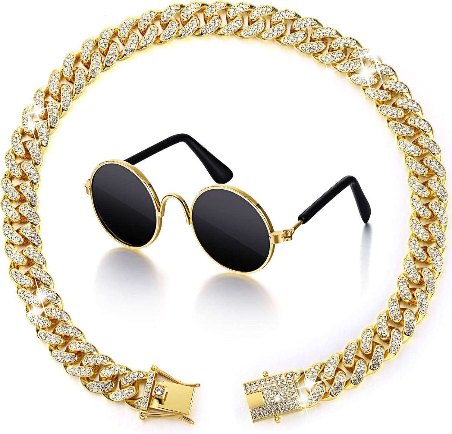 2 Pieces Cat Dog Chain Collar and Sunglasses Set Rhinestone Necklace with Secure