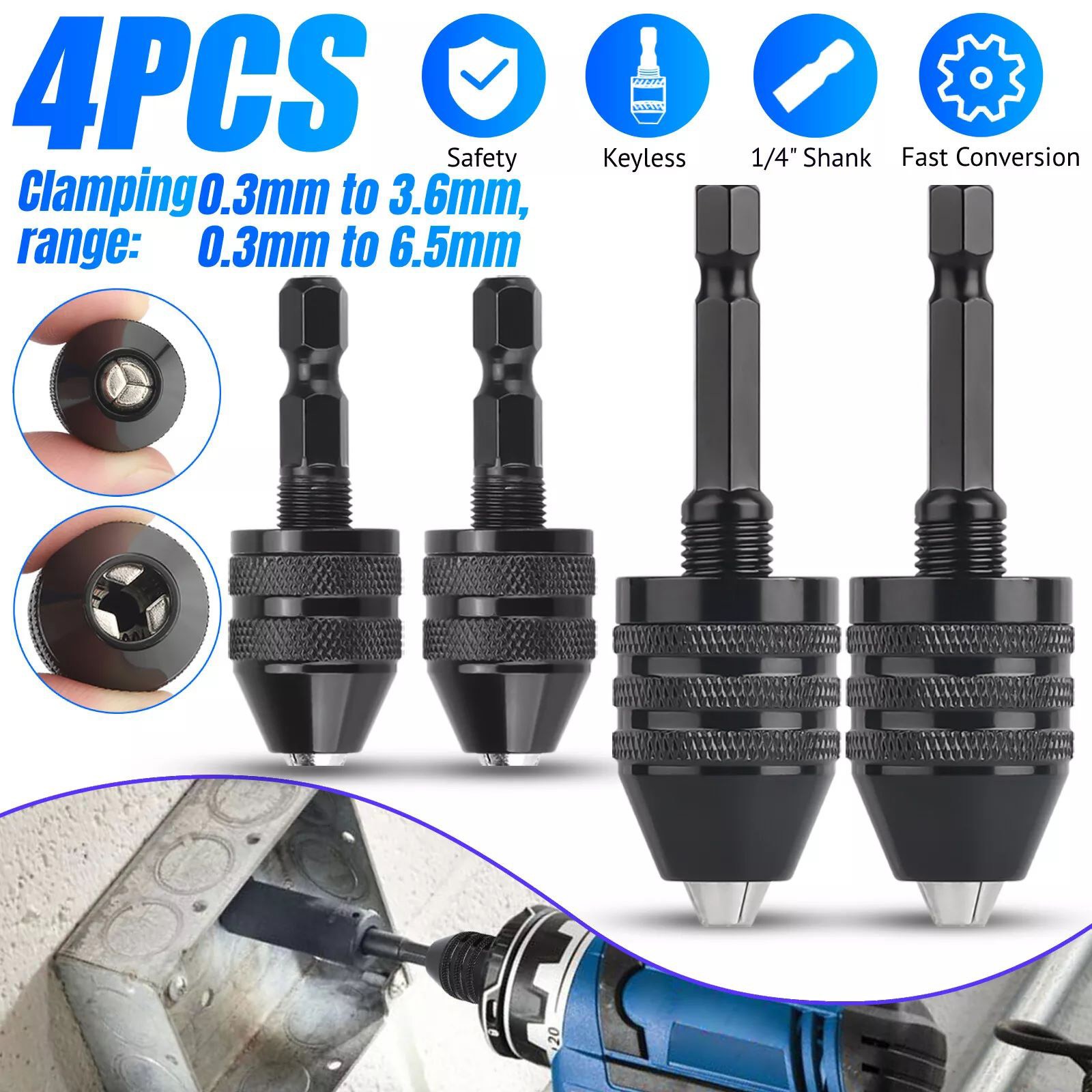 4Pcs 1:4-inch hex shank Versatile Conversion Drill chuck suitable for drills