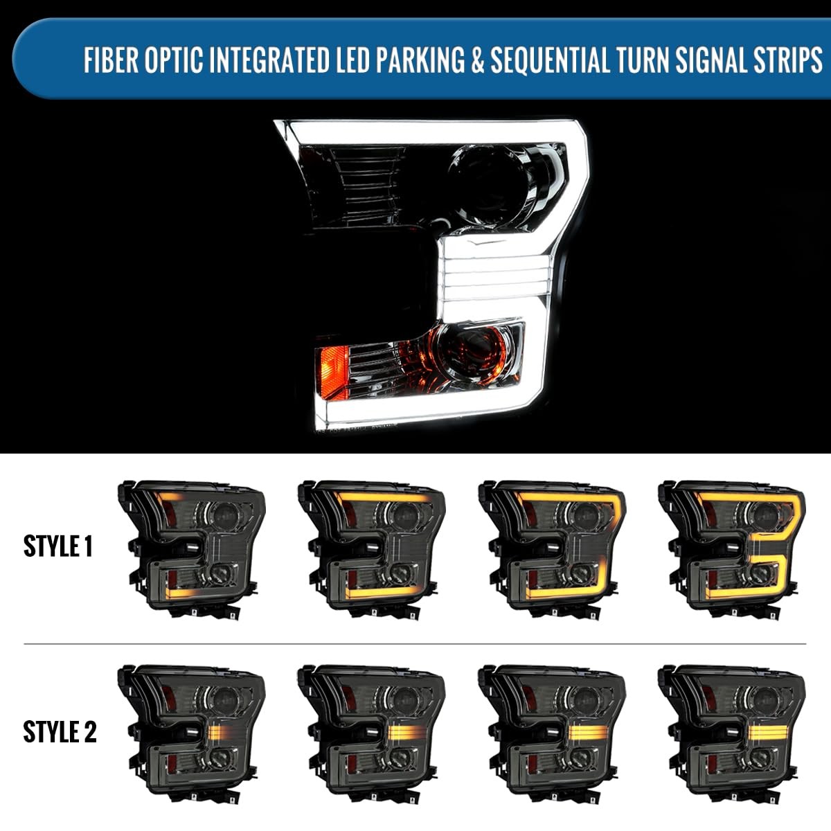 2015-2017 F150 Dual Projector Headlight LED DRL Switchback Sequential Turn Smoke
