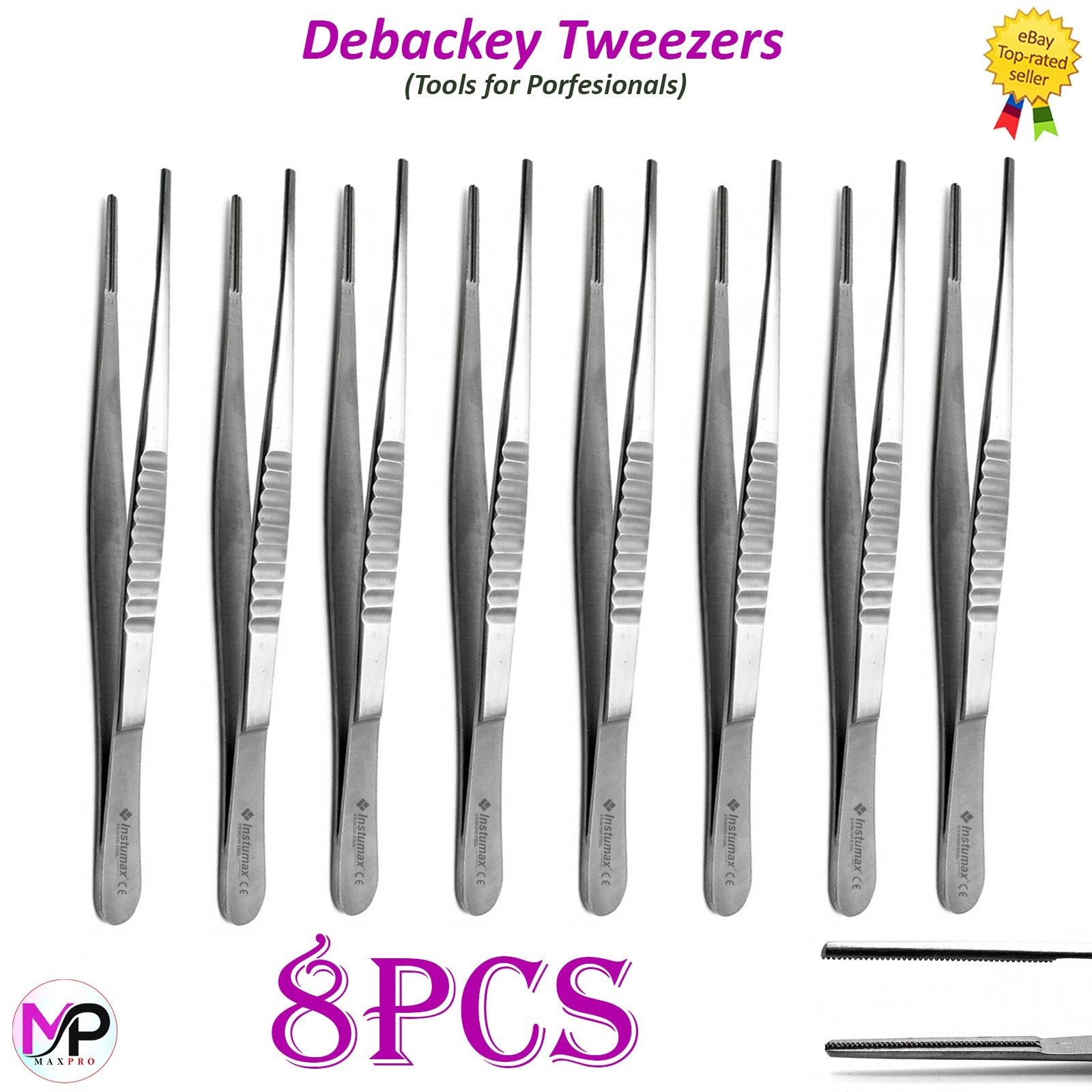 DeBackey Forceps Vascular Atraumatic Cotton & Tissue Dressing Tweezers Set of 8