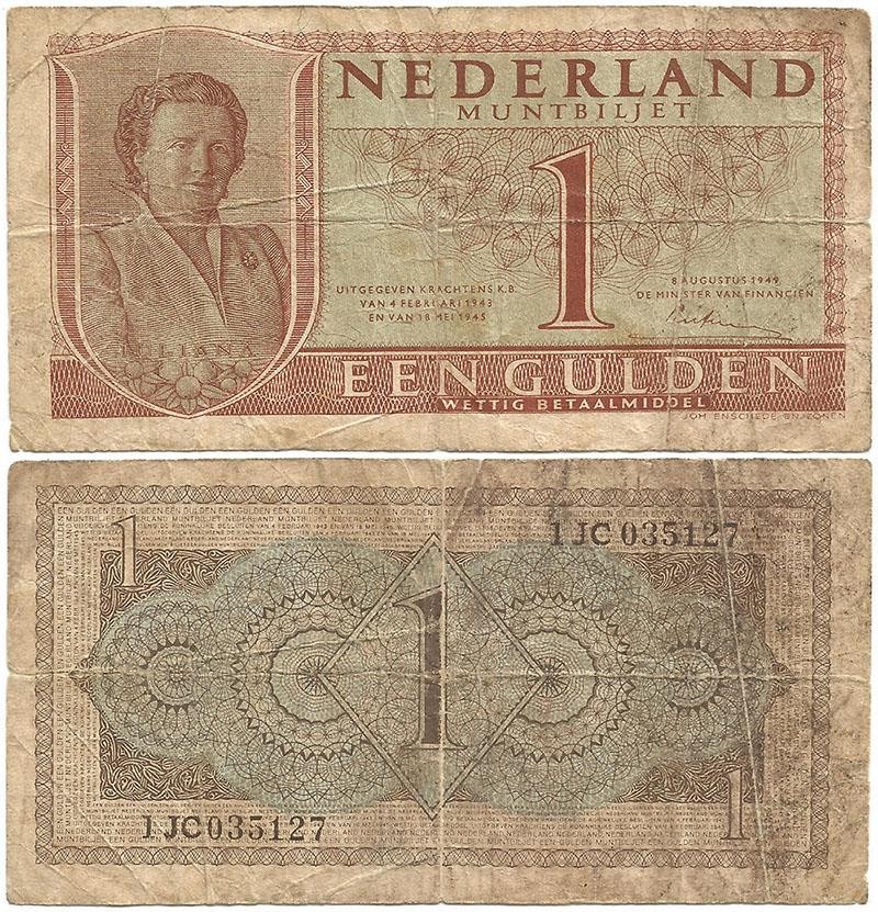 1949 NETHERLANDS "Een or 1 Gulden" POST-WORLD WAR II State NOTE Queen JULIANA