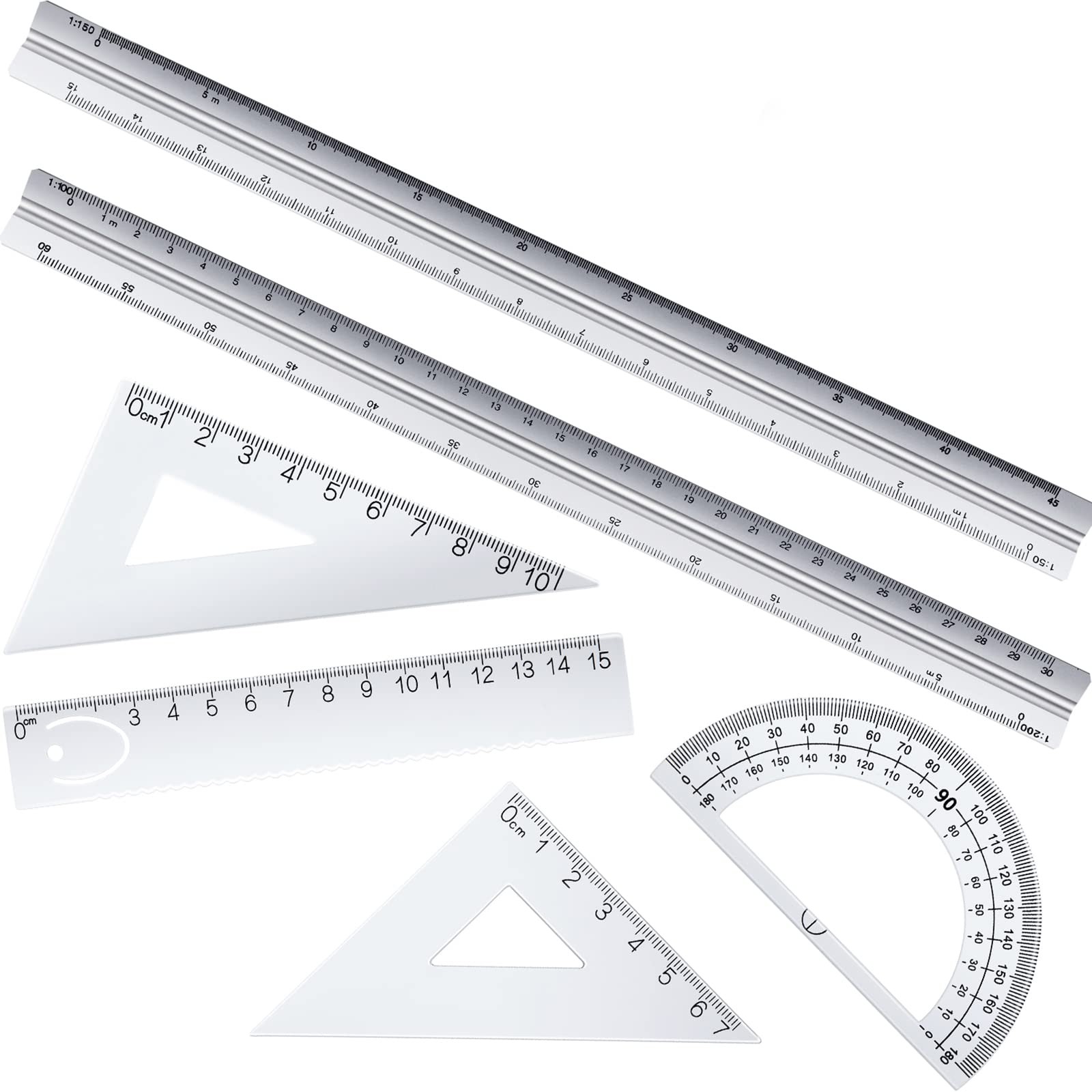6 Pcs Triangular Ruler Set 12 Inch Engineering Scale Aluminum Silver