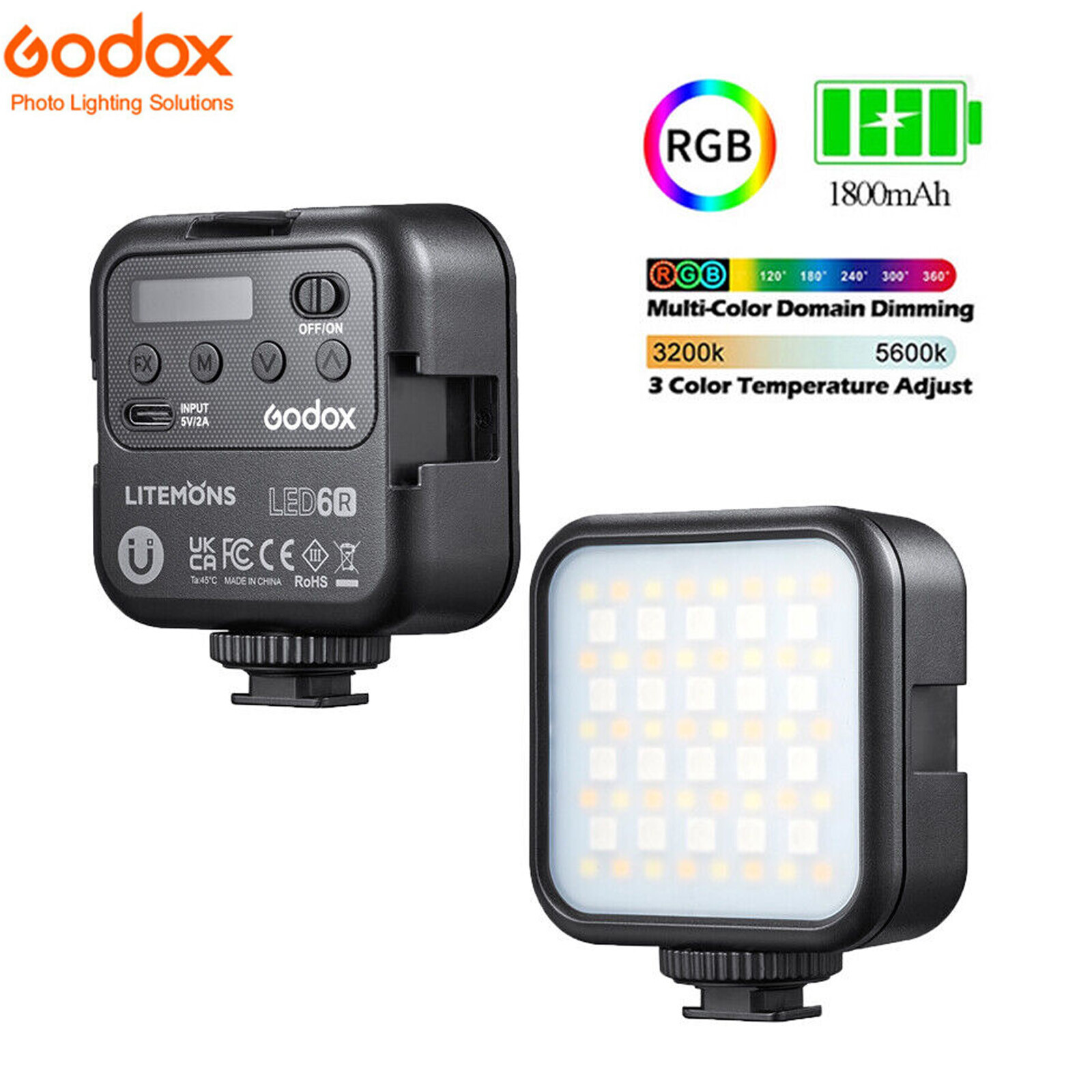 Godox LED6R RGB LED Video Light HSI 36000 Colors CCT Bicolor 3200K-6500K Battery
