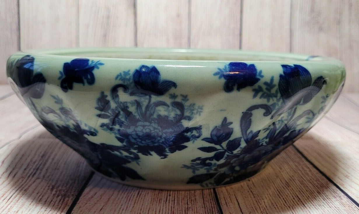 AAA Imports Decoware - Pottery Planter - Green Glaze Cobalt Blue Floral 10" top
