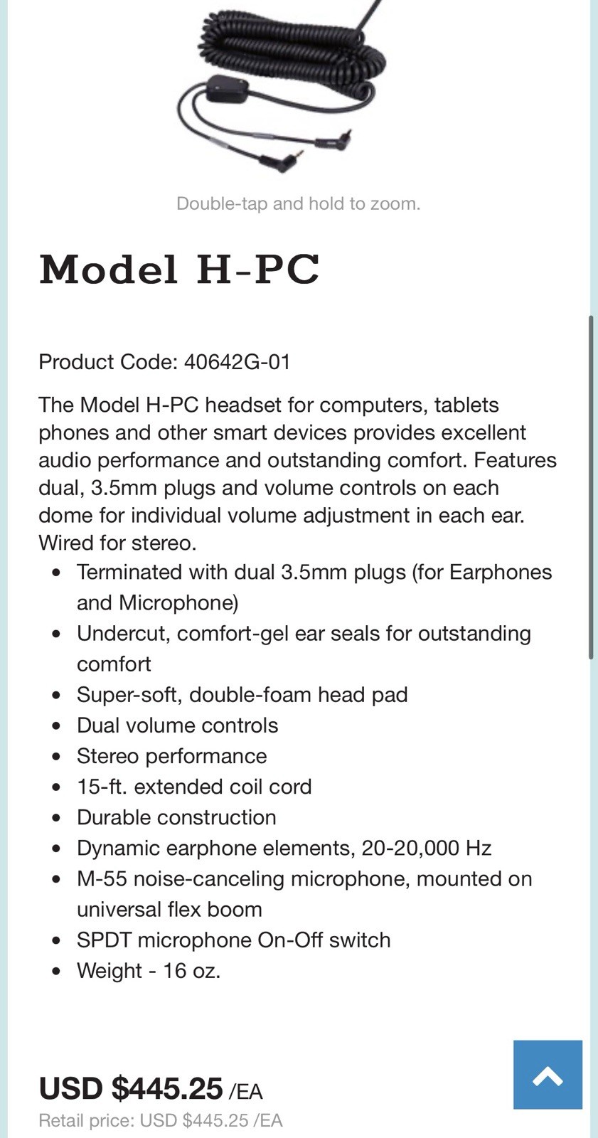 David Clark H-PC 40642G-01 Headset For Computers Tablets 3.5mm Jack Noise Cancel