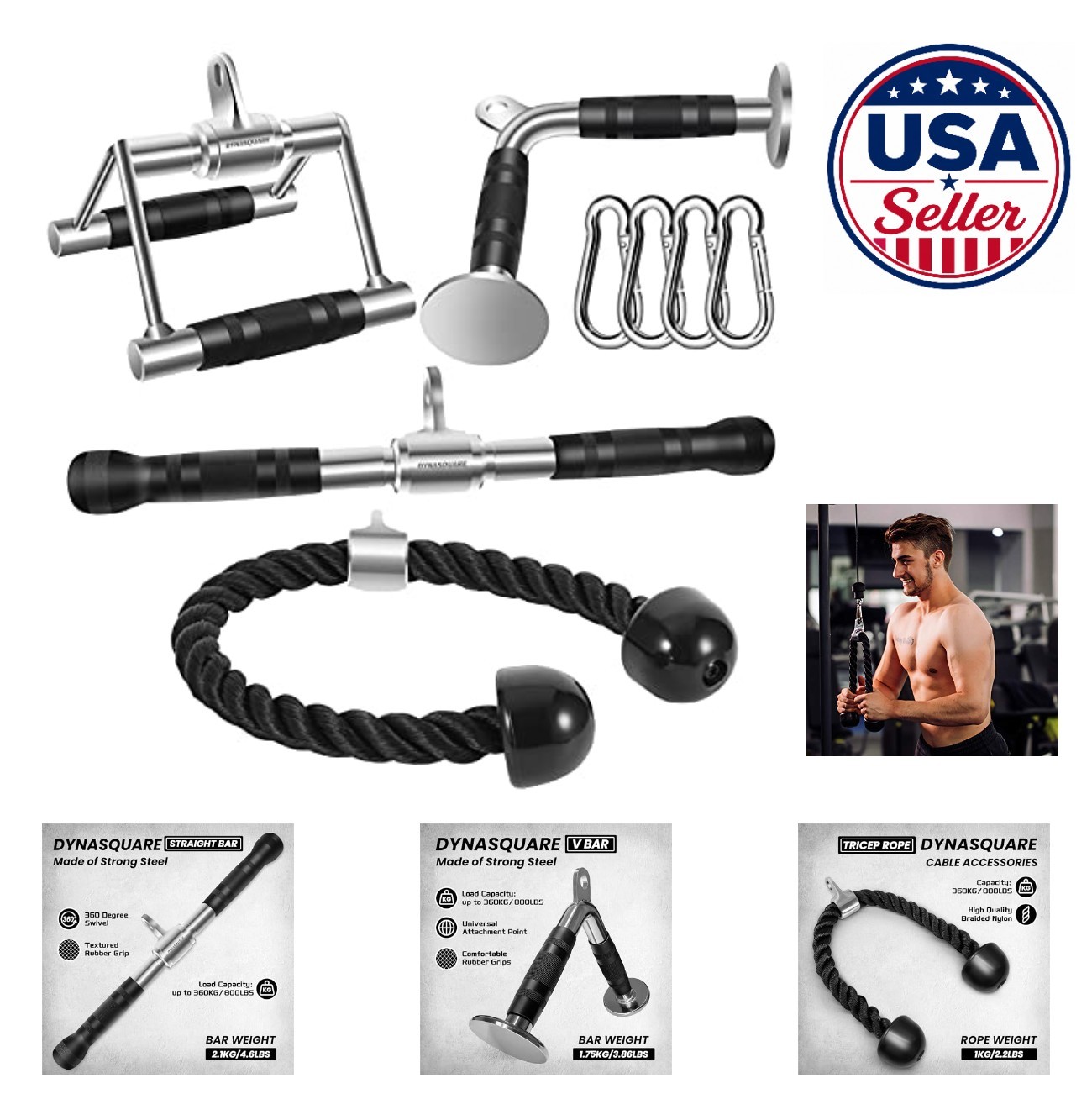 Cable Machine Attachments 5 Piece Set Tricep Rope V Bar Straight Bar Home Gym