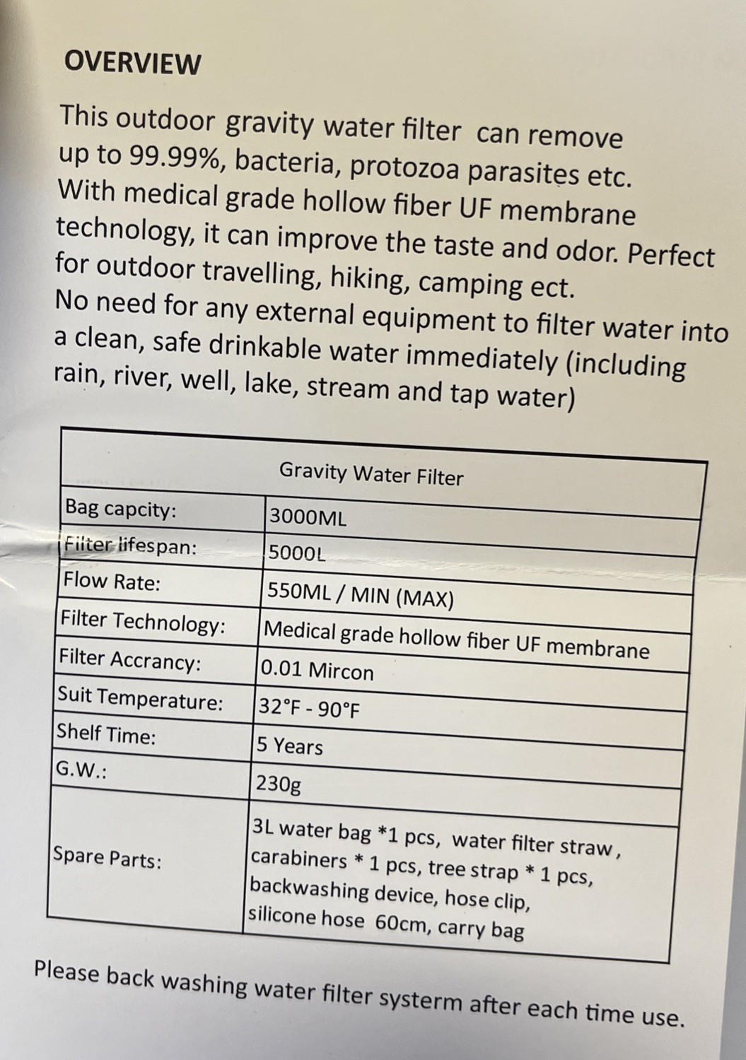 Gravity Water Filter 3L Gravity Bag Camping Water Filtration System Tree Strap