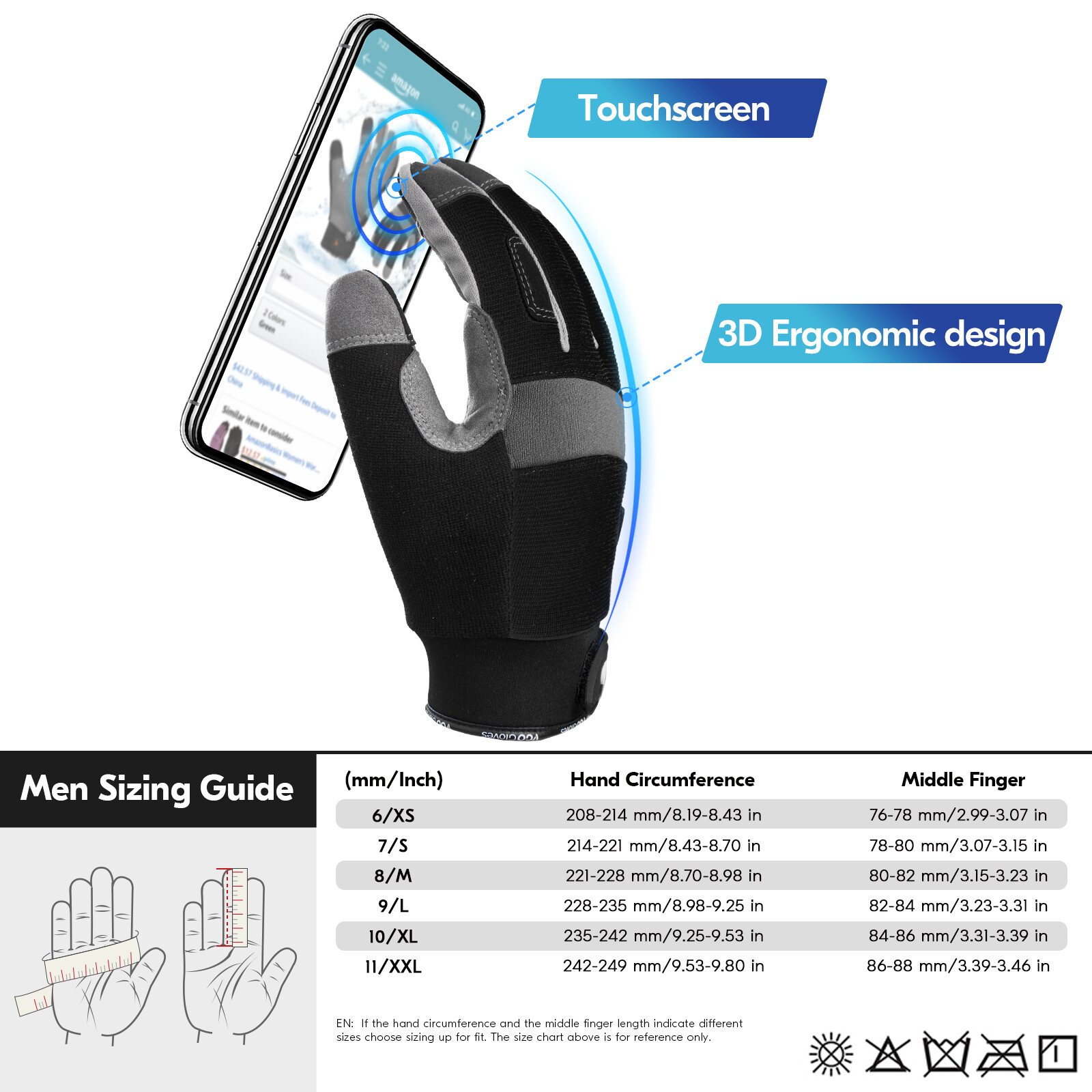 Vgo 1Pair 41℉ Lined Touchscreen Waterproof Winter Work Gloves (SL7584FLWP-BLA)