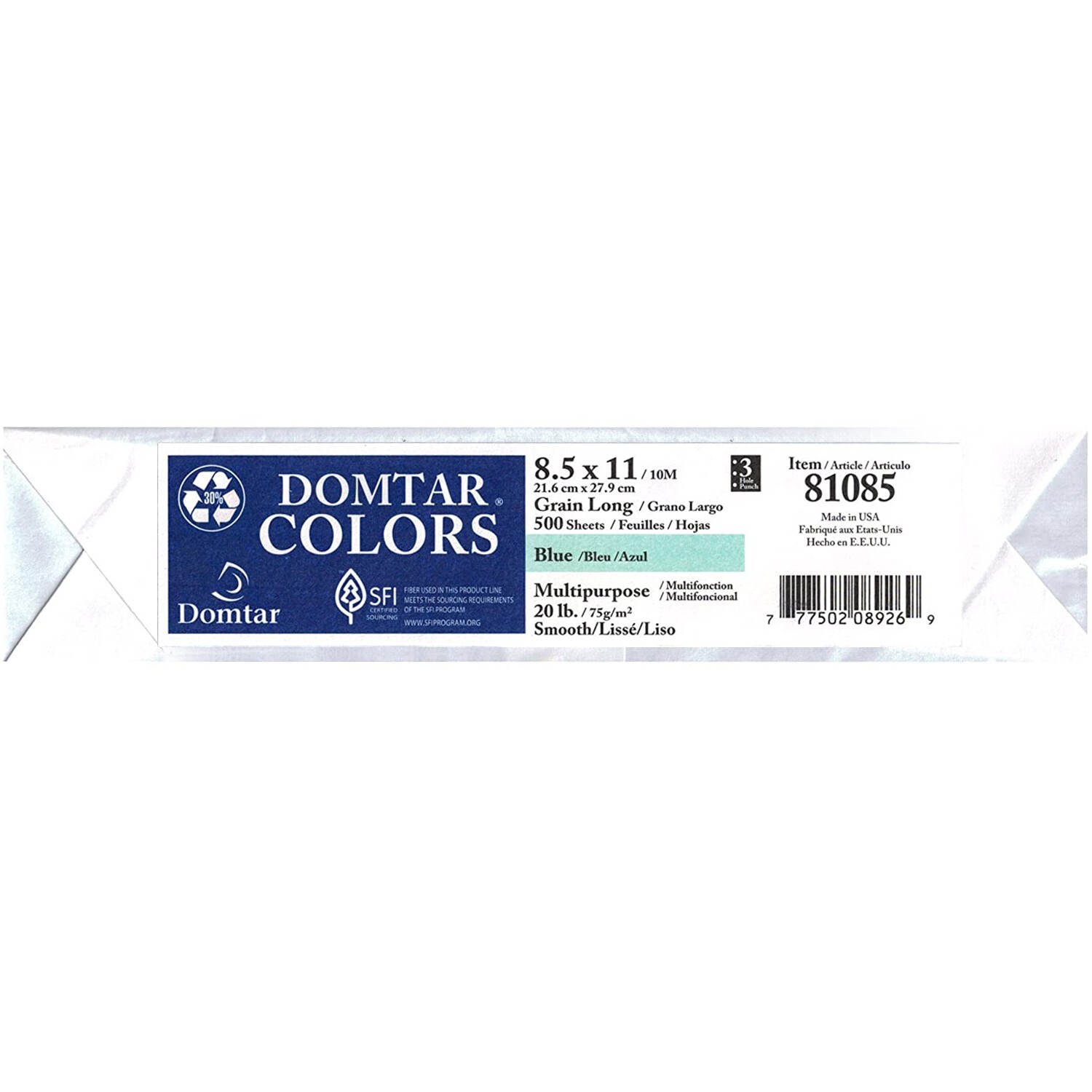 Domtar Multipurpose Blue Color Paper, 3-Hole Punch, 8.5 x 11, 20lb, 500 Sheets