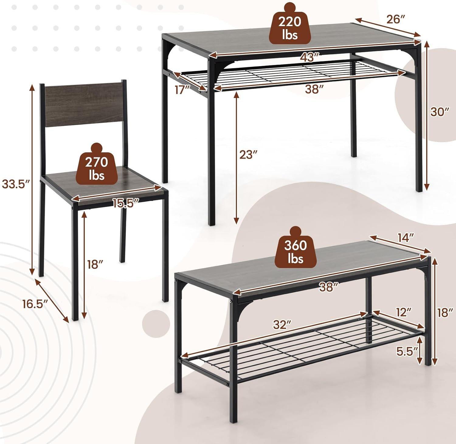 Compact 4-Piece Dining Set with Bench & Storage - Industrial Style (Black & Grey