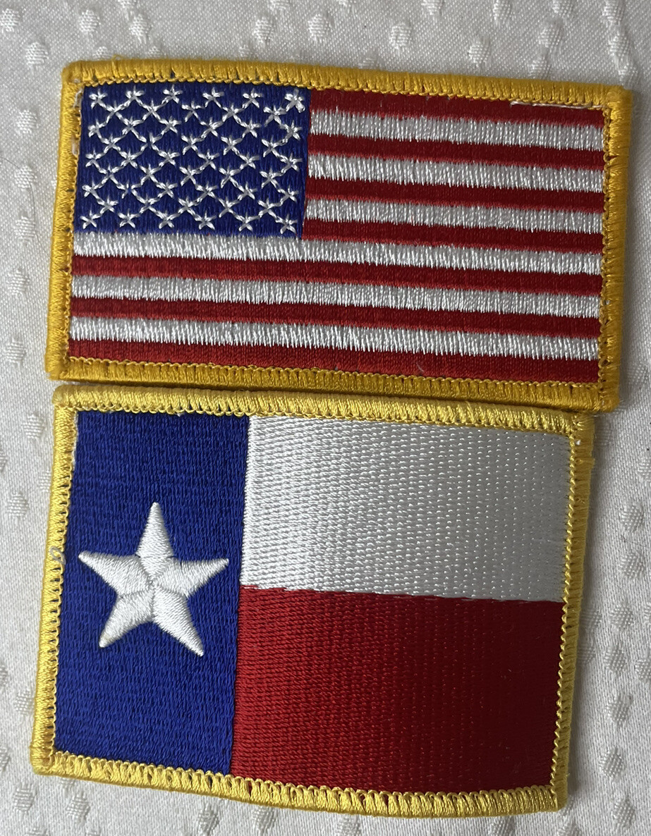 AMERICAN & TX FLAG MOTORCYCLE VEST BIKER PATCHES GOLD Embroidered US Texas USA