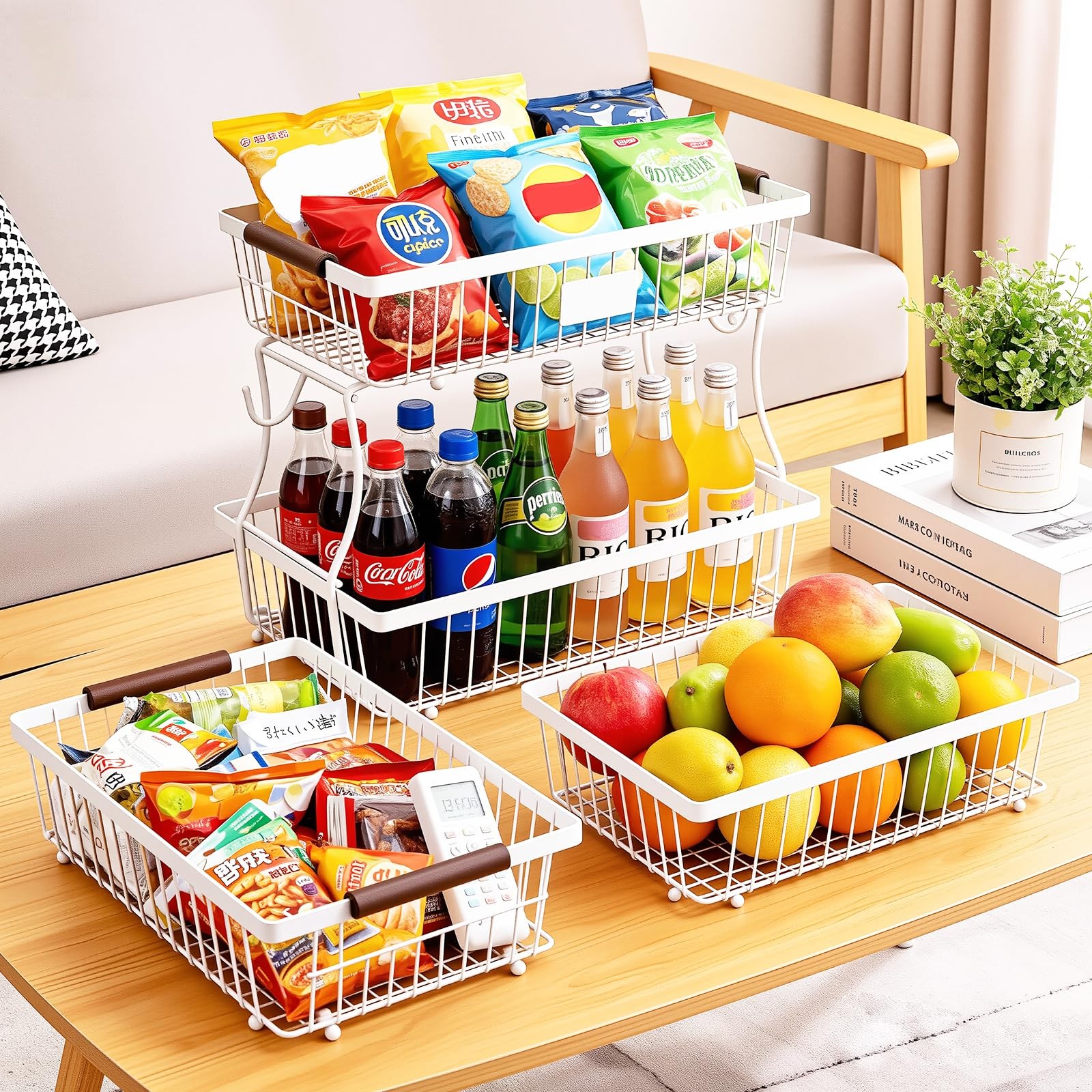 2-Tier Stackable Wire Basket with 2 Banana Hooks, Pantry Organizer for Kitche...