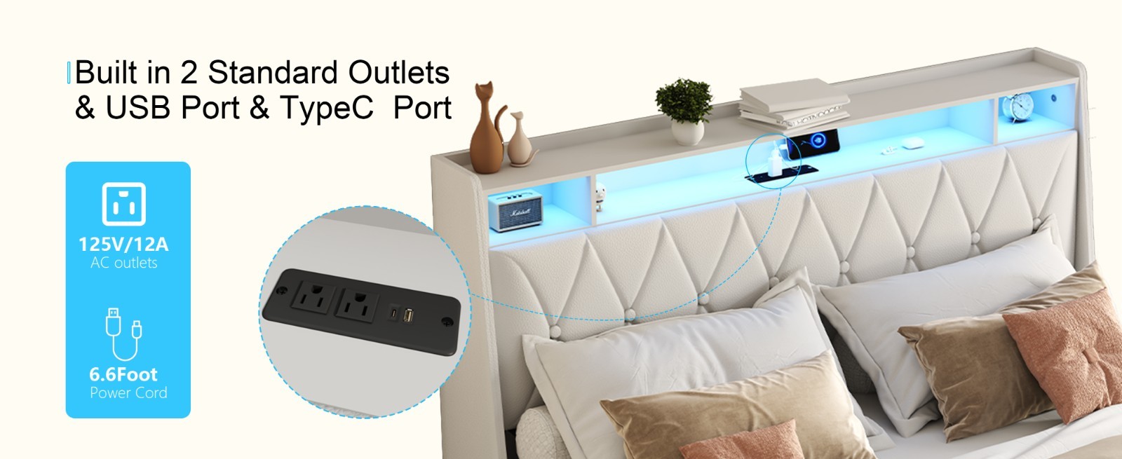 Full Bed Frame - Ergonomic Headboard, Outlets, LED, Storage (Noise-Free)