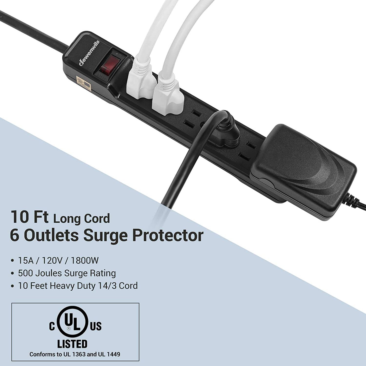 DEWENWILS 2-Pack Surge Protector with 10FT,6-Outlet Strip,ow Profile Flat Plug,