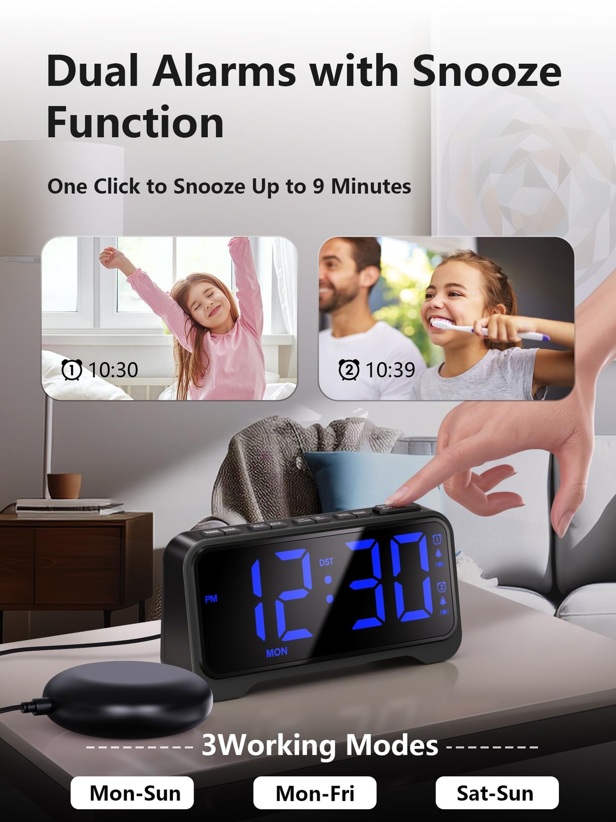 Mesqool Extra-Loud Alarm Clock with Bed Shaker Blue Digits With