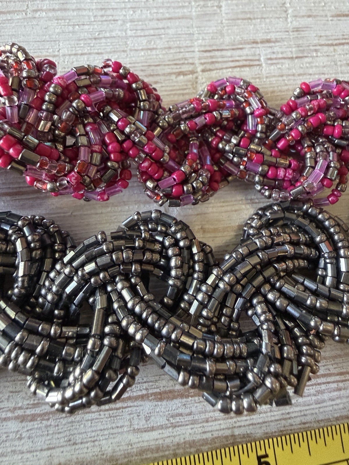 Handmade Artisan Beaded Spiral Bracelets Set Of 2 Seed Bugle Beads Pink Metallic