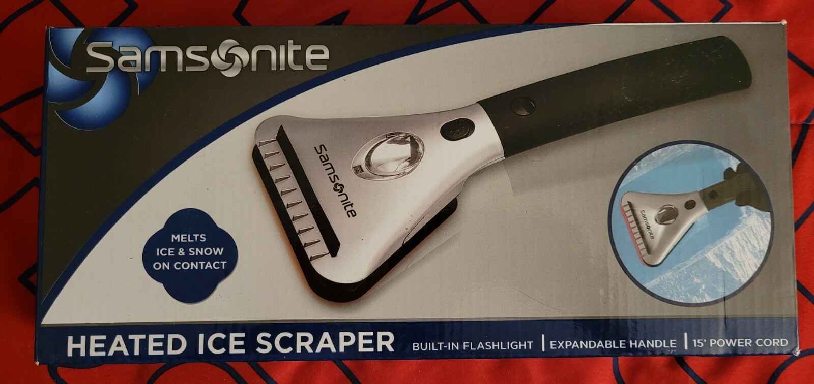 SAMSONITE HEATED ICE SCRAPER MELTS ICE & SNOW FLASHLIGHT EXPAND HANDLE 15' CORD