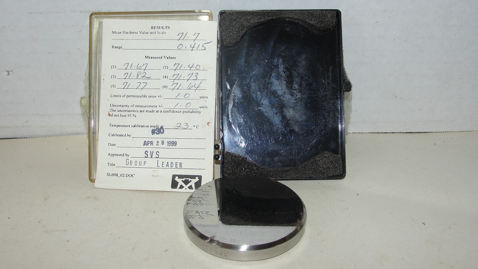 WILSON ROCKWELL HARDNESS TESTER BLOCK #1/16