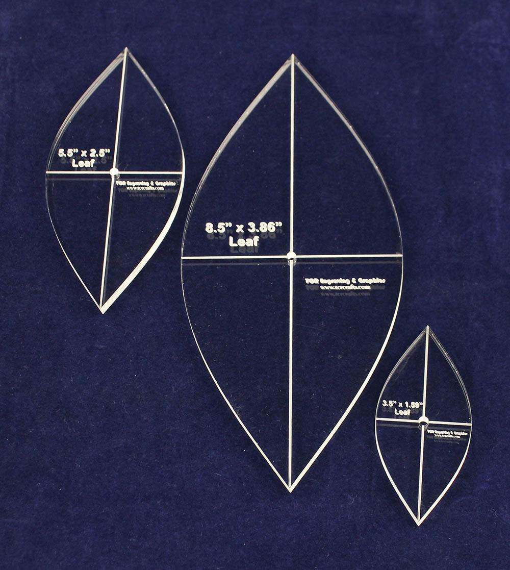 3 Piece Quilting Leaf Templates -1/4 " w/ Center Hole & Cross Hairs -Acrylic