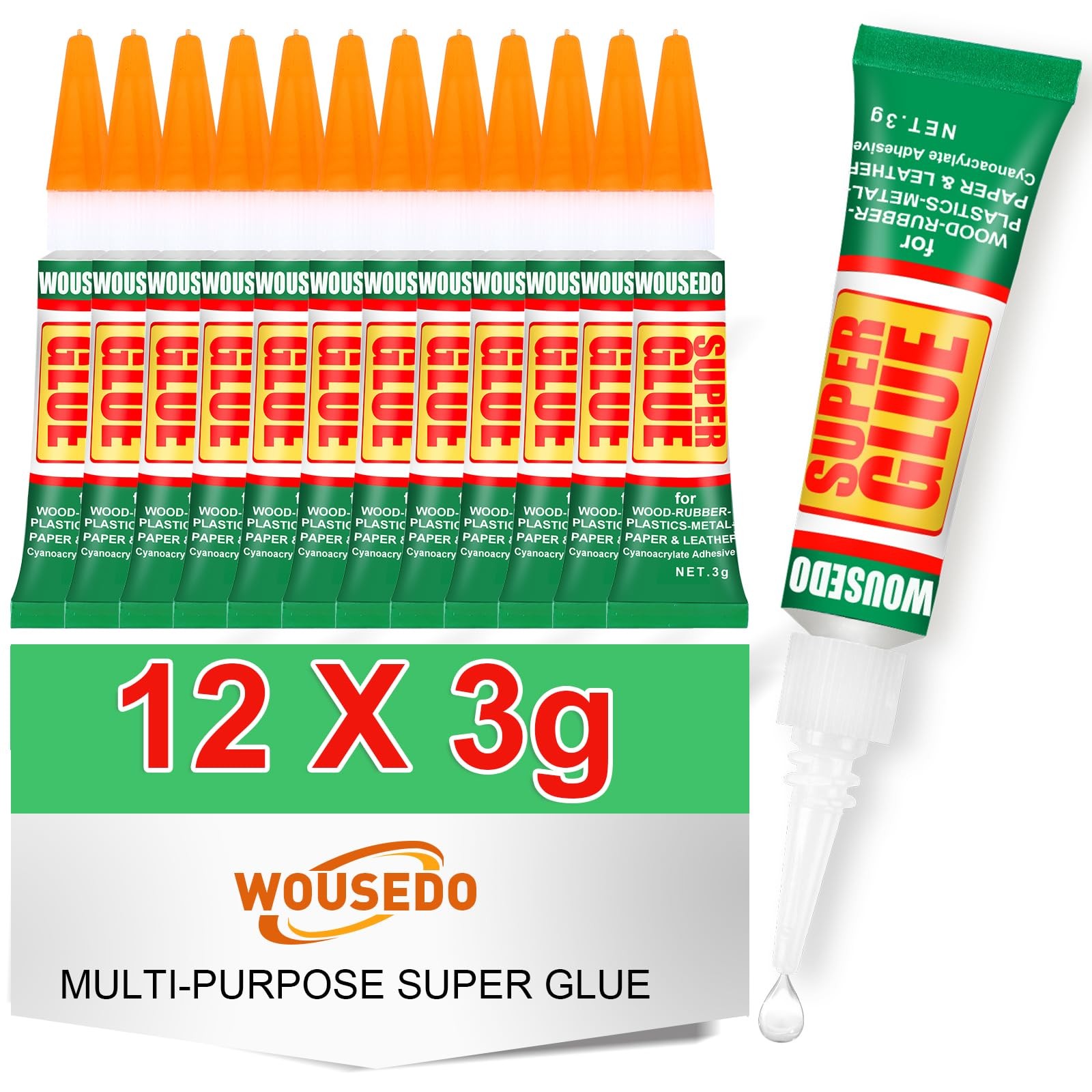WOUSEDO 12 X 3g Super Glue Clear, Strong Adhesive,Super Fast 12 X