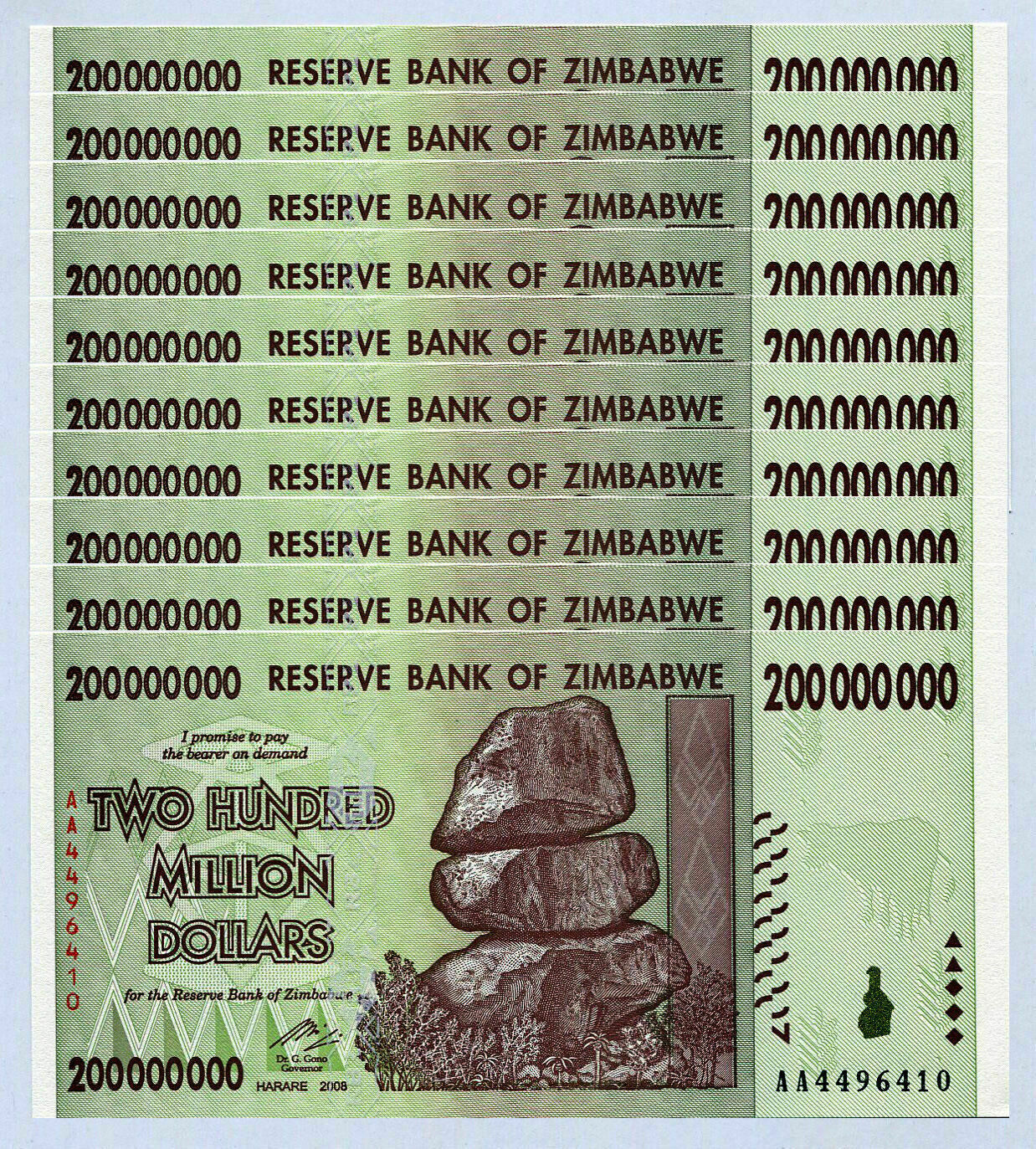Lot of 10 Zimbabwe 200 Million Dollars Banknote 2008 AA+ UNC Uncirculated P-81