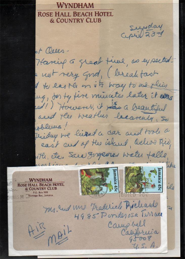 1988 Cover and letter from the Wyndam Hotel Jamaica with Sc #s679 & 680