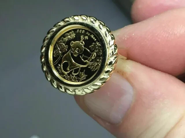 14K Yellow Gold Plated CHINESE PANDA BEAR COIN Beauty Vintage Wedding Ring