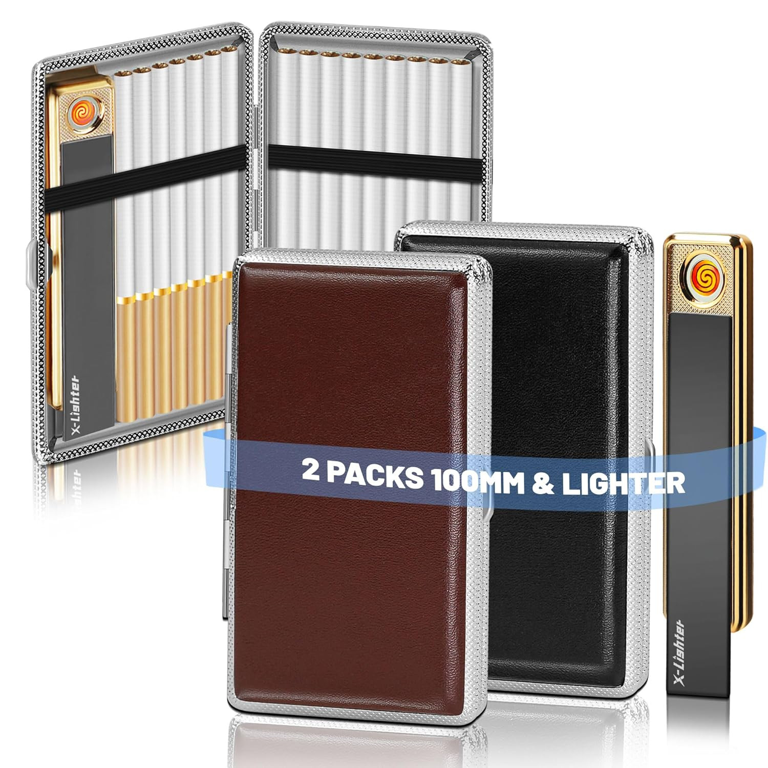 2 Pack of Cigarette Case with Lighter for 100'S King Size, Retro PU Leather 100M